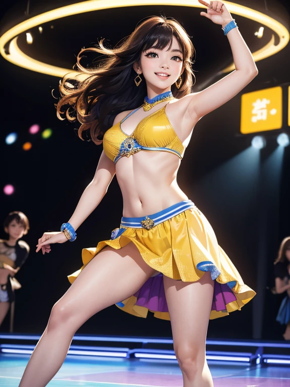 (Highest quality、 8k 、masterpiece、High resolution)、Full Body Shot、 girl、Idol、Cute smile、Pretty lips、Adorable eyes、Dancing with a smile、Outdoor Stage、AKB48 Costumes、Realistic、Vibrant colors、Official Art、Detailed CG、Professional Lighting、Professional photographer、