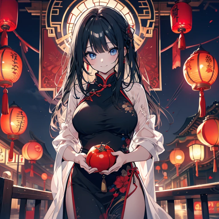 1 girl、Mature、Ample breasts、Long Hair、Trimmed hair、Shiny black hair、Light blue eyes、Slanted Eyes、A seductive smile、China dress、トルコブルーのChina dress、Mini length、husk tomato、husk tomatoのピアス、dusk、Chinatown、The lantern shines、sit、Deep slit、High resolution、Highest quality