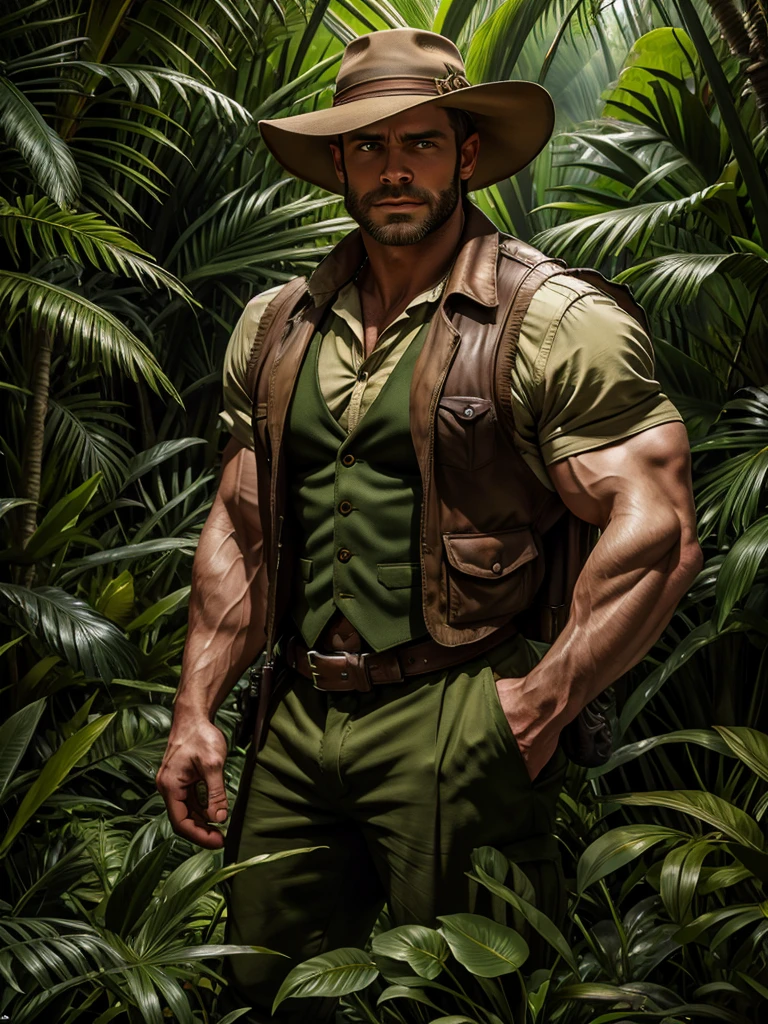 araffe man in a hat and vest standing in a jungle, portrait shot, in a jungle environment, still from a live action movie, matte painting portrait shot, james edmiston, in a jungle, character photography, fan art, live-action adaptation, portrait of an adventurer, movie still 8 k, inspired by John Mossman, martin ansin artwork portrait