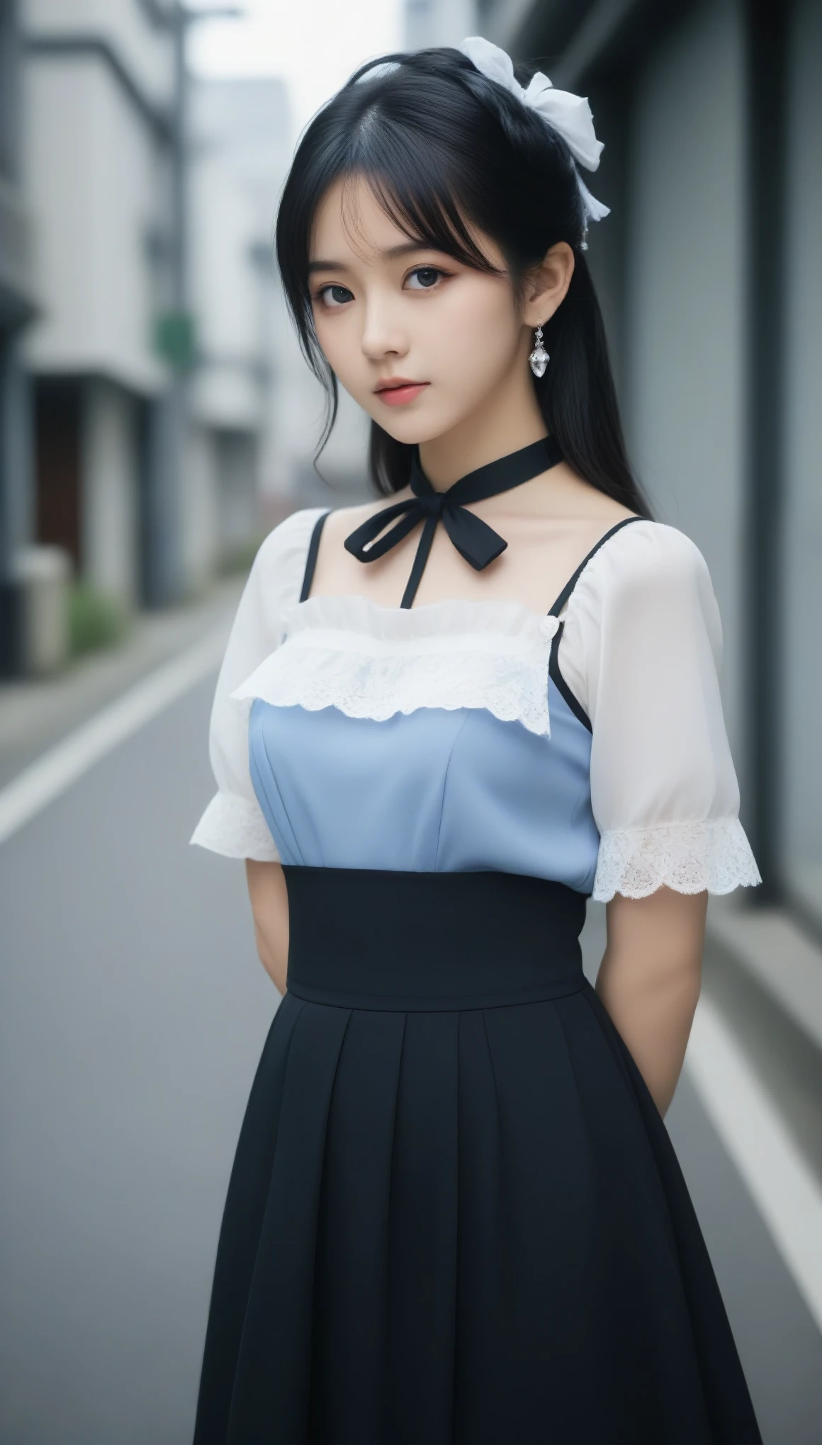 8k, Ultra-high resolution, Highest quality, masterpiece, 三分割法によるphotograph,Surreal, photograph, 1 Girl, (:1.3), pretty girl, Cute Face, Beautiful eyes in every detail, 細かくdetailedに,masterpiece,One Girl:1.2,Japanese female announcer,cowboy shot,Serious expression,Black Hair,Curl outward hair,Maid Android,((Fusion of Gothic Lolita and Lolita fashion:1.3)),Pencil Skirt,bracelet, chest, choker, clavicle, Earrings,Futuristic cityscape ,Perfect and beautiful face ,完璧でCute Face, Skin with attention to detail, Perfect limbs、Narrow waist,Looking at the audience,(((Ideal body type))),Aカップの小さなchest :2,Portraiture:2,Perfect Anatomy,鮮明なdetailed,detailed,Surreal,Light and shadow,spotlight