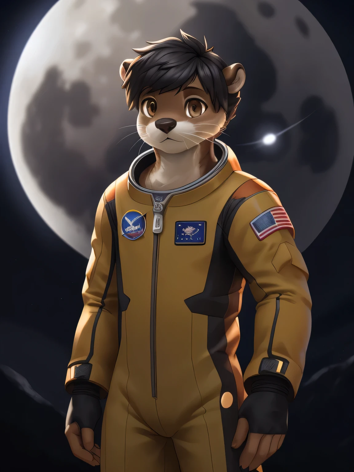 ((otter)), solo, male, nude, light brown fur, ((hazel eyes)), short hair, (black hair), astronaut suit, floating, moon, looking at viewer, . Very good figure, best quality, highres, 16k, Natural soft light, Tyndall effect, Advanced film lighting, Unreal Engine5, Extremely realistic, A high resolution, perfect masterpiece, high quality, high resolution
