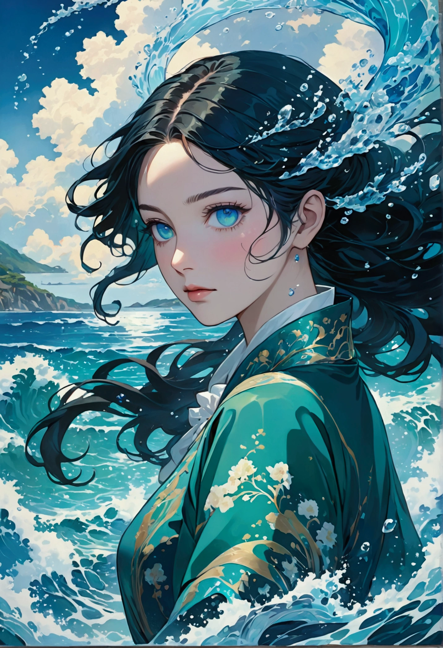 (masterpiece, Top quality, the best, Official Art, beautiful and aesthetic, Long-term contact:1.2),    Fluid Movement, Charming pattern,  
1 girl, Adult woman, freckle, Emerald Eye, Black wave head,
 portrait, Solitary, Upper Body, Looking at the audience, Detailed background, Delicate face, (crystallized aluminum, water晶主题:1.1),  elemental water wizard,  swirling water, controlling the water, Clothes for fantasy magicians, Dynamic poses, Floating particles,  Ethereal Dynamics, water,  steam, Ocean in the background, Blue tint, support,  Ethereal atmosphere,