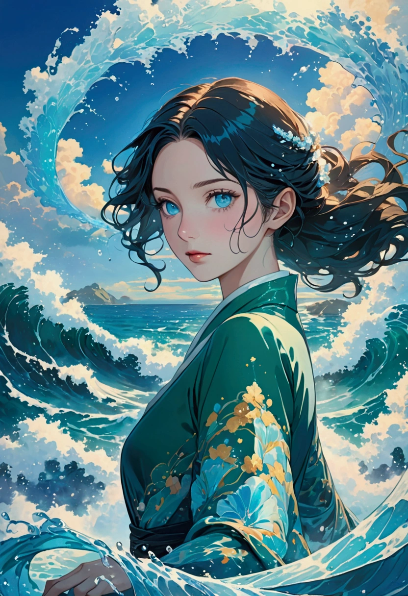 (masterpiece, Top quality, the best, Official Art, beautiful and aesthetic, Long-term contact:1.2),    Fluid Movement, Charming pattern,  
1 girl, Adult woman, freckle, Emerald Eye, Black wave head,
 portrait, Solitary, Upper Body, Looking at the audience, Detailed background, Delicate face, (crystallized aluminum, water晶主题:1.1),  elemental water wizard,  swirling water, controlling the water, Clothes for fantasy magicians, Dynamic poses, Floating particles,  Ethereal Dynamics, water,  steam, Ocean in the background, Blue tint, support,  Ethereal atmosphere,