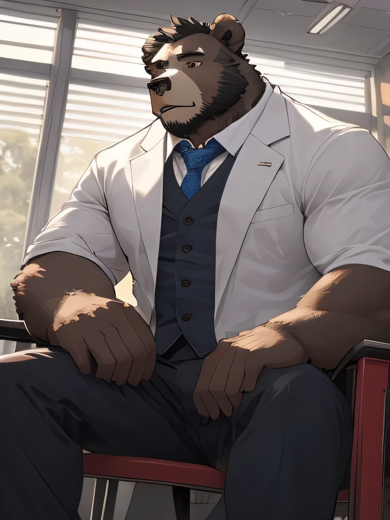 (Very detailed), Clear focus,hairy, Black and white fur), black beard, Black Hair,human nature (棕Bear:1.3), male, Middle-aged and elderly people, Brown body, White belly, muscular ,(Crotch bulge),Very detailed face,(Disheveled:1.4),(best quality), (masterpiece), High Detail, high quality,high resolution,16K,(Bear:1.3),Office Background,Set,Suits