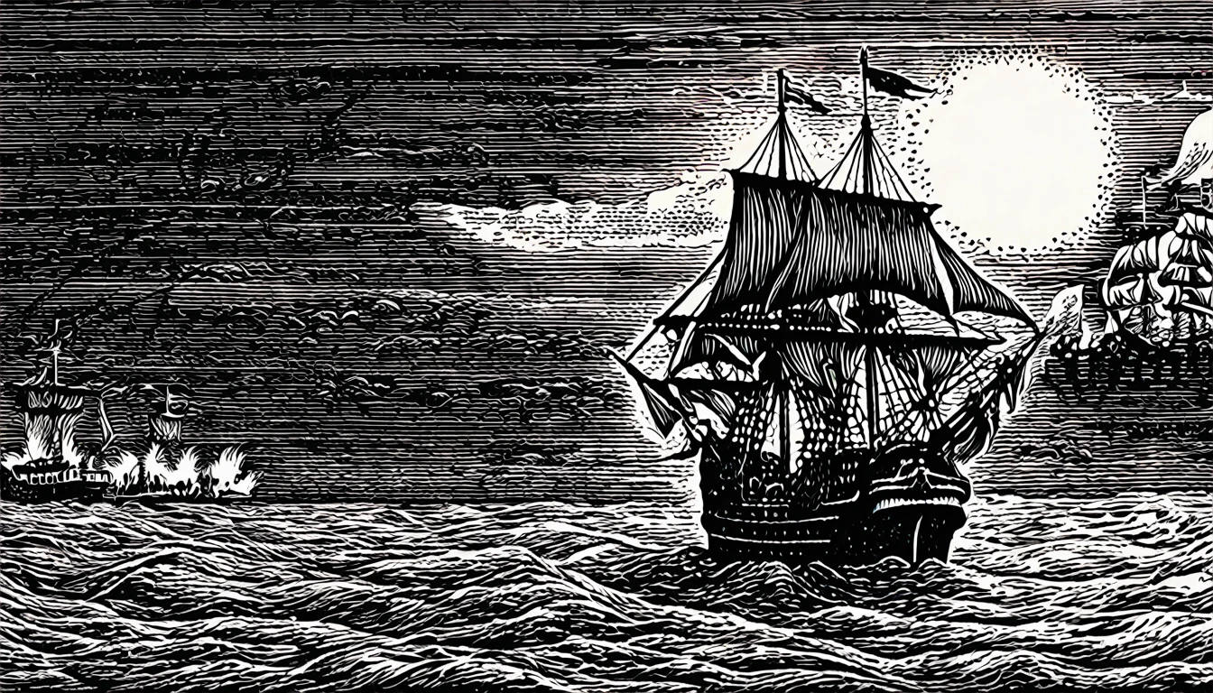 (Black and white woodblock prints:1.5)、(Black and white 2nd floor)、Medieval European Fantasy、Pirate ship vs navy battleship battle、The background is a burning ship and a corpse、Full shot portrait of a female pirate captain、Dark Shadows、A profound presence、Gruesome Background、Ominous clouds、（Highest quality、Realistic）、Mysterious and eerie、