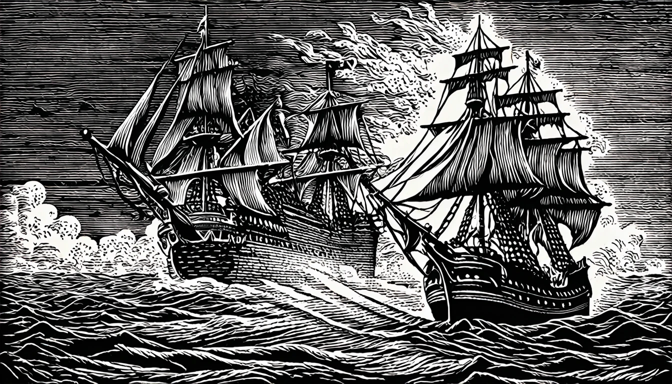 (Black and white woodblock prints:1.5)、(Black and white 2nd floor)、Medieval European Fantasy、Pirate ship vs navy battleship battle、The background is a burning ship and a corpse、Full shot portrait of a female pirate captain、Dark Shadows、A profound presence、Gruesome Background、Ominous clouds、（Highest quality、Realistic）、Mysterious and eerie、