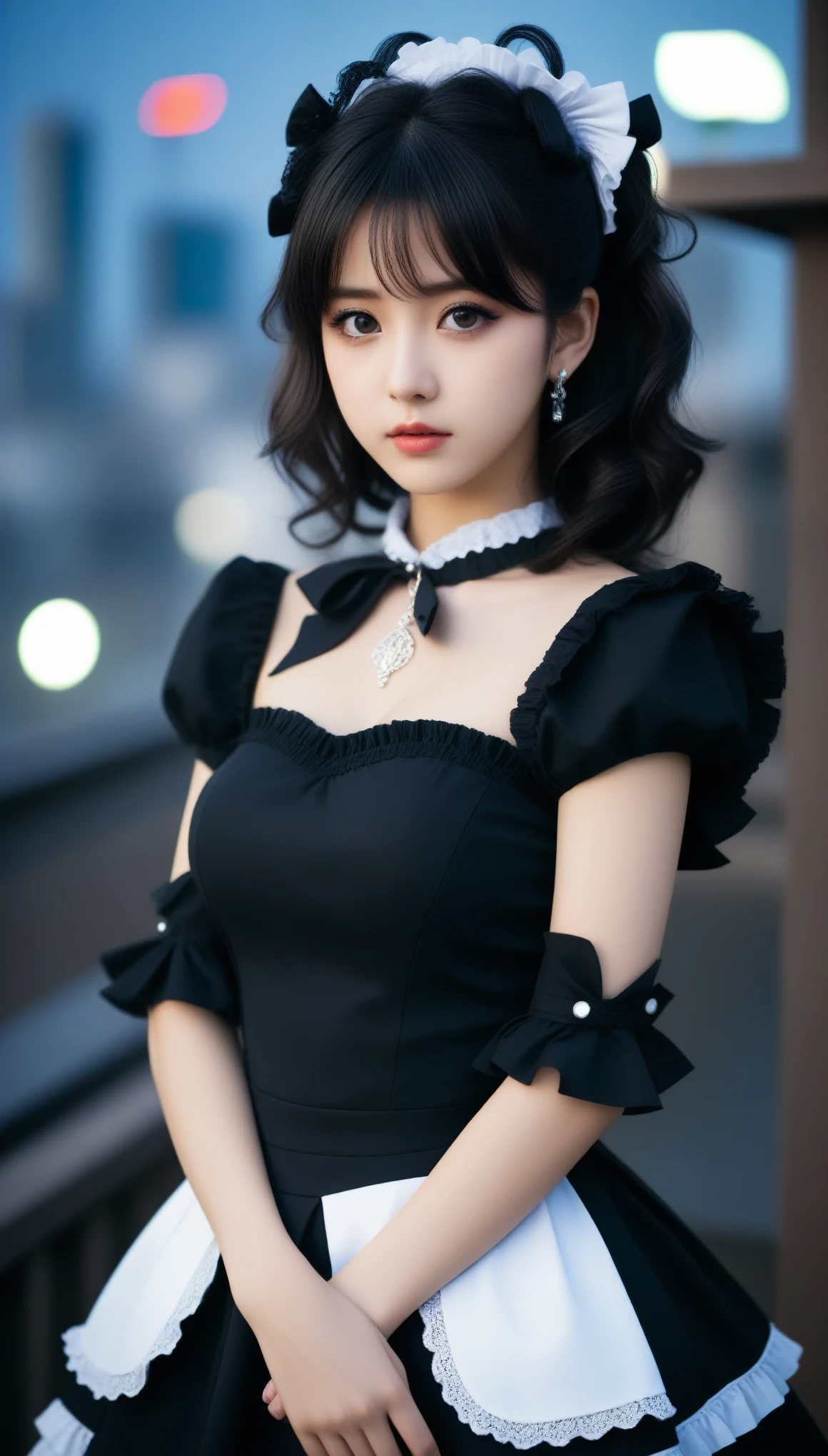 8k, Ultra-high resolution, Highest quality, masterpiece, 三分割法によるphotograph,Surreal, photograph, 1 Girl, (:1.3), pretty girl, Cute Face, Beautiful eyes in every detail, 細かくdetailedに,masterpiece,One Girl:1.2,Japanese female announcer,cowboy shot,Serious expression,Black Hair,Curl outward hair,Maid Android,((Fusion of Gothic Lolita and La fashion:1,Pencil Skirt,bracelet, chest, choker, clavicle, Earrings,Futuristic cityscape ,Perfect and beautiful face ,完璧でCute Face, Skin with attention to detail, Perfect limbs、Narrow waist,Looking at the audience,(((Ideal body type))),Aカップの小さなchest :2,Portraiture:2,Perfect Anatomy,鮮明なdetailed,detailed,Surreal,Light and shadow,spotlight