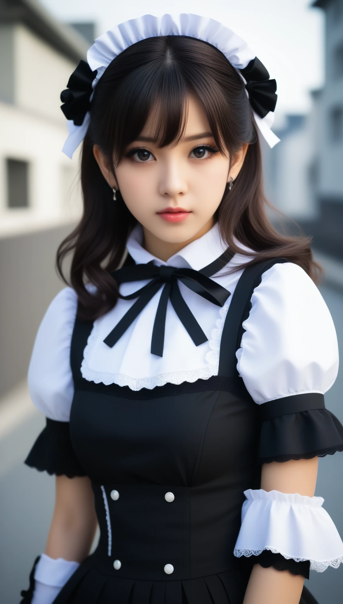 8k, Ultra-high resolution, Highest quality, masterpiece, 三分割法によるphotograph,Surreal, photograph, 1 Girl, (10 years old:1.3), pretty girl, Cute Face, Beautiful eyes in every detail, 細かくdetailedに,masterpiece,One Girl:1.2,Japanese female announcer,cowboy shot,Serious expression,Black Hair,Curl outward hair,Maid Android,((Fusion of Gothic Lolita and Lolita fashion:1.3)),Pencil Skirt,bracelet, chest, choker, clavicle, Earrings,Futuristic cityscape ,Perfect and beautiful face ,完璧でCute Face, Skin with attention to detail, Perfect limbs、Narrow waist,Looking at the audience,(((Ideal body type))),Aカップの小さなchest :2,Portraiture:2,Perfect Anatomy,鮮明なdetailed,detailed,Surreal,Light and shadow,spotlight