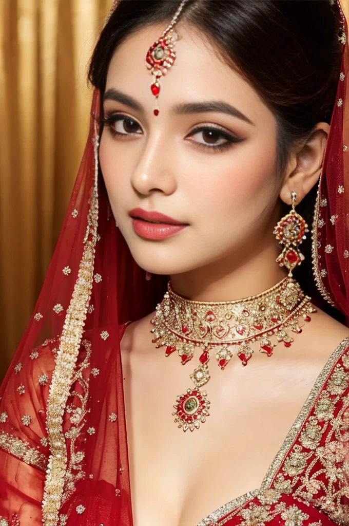 Beautiful face, Indian bride, intense makeup, skin texture, hyper detailed, cleavage