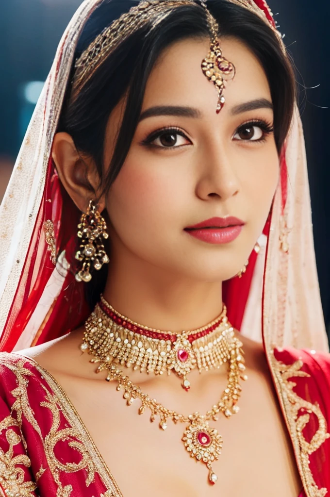 Beautiful face, Indian bride, intense makeup, skin texture, hyper detailed, cleavage