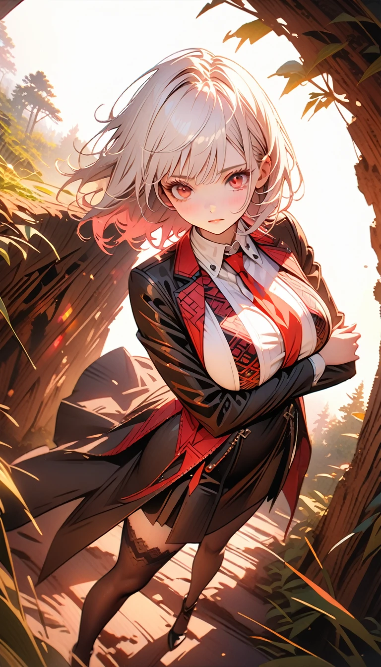 1women,(White hair),(White eyelashes),(Red eyes),( wears a white shirt),(Black jacket),(Big breasts),(Red tie),(Black tight skirt),(Sexy women's stockings),(Expressionless face),(full body-show),(cross arms),(masterpiece:1.5), (8k details:1.3), (unlimited details:1.2), (best eyes:1.4), (ultra clothes details:1.3), (highly detailed background), (vibrant colors), (dynamic lighting), (realistic skin texture), (intricate patterns), (sharp focus), (full-body view), (natural poses), (expressive emotions), (cinematic composition),(Forest background)