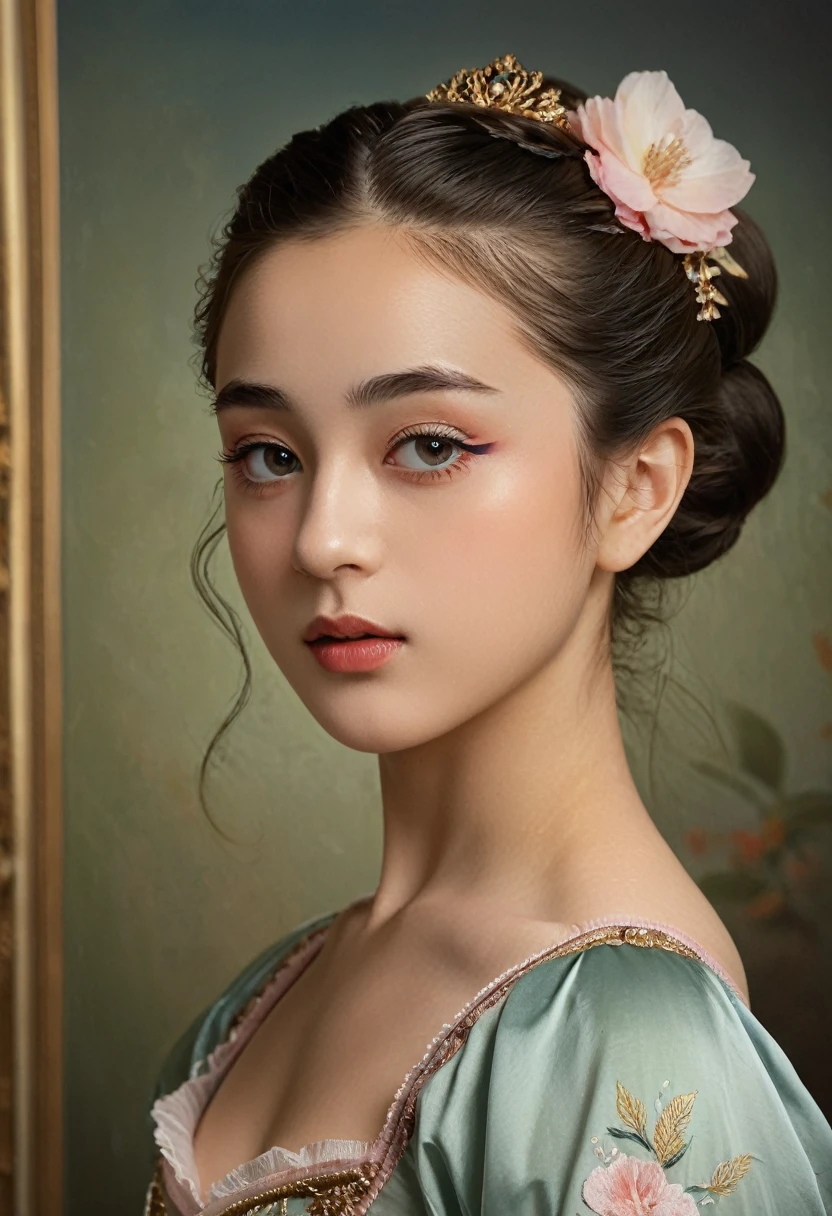 (highres,masterpiece:1.2),(realistic:1.37)"(best quality, highres, ultra-detailed, realistic),beautiful 19th-century portrait of a 16-year-old French ballet dancer, (She is half French and half Japanese, and is a stunning beauty with detailed eyes and a high nose:1.1), thick eyebrows, (elaborate ballet costume:1.4), detailed facial features, long graceful neck, flowing locks of hair, poised and elegant posture, soft and delicate lighting, classic oil painting medium, vibrant colors, subtle background with floral motifs", dreamy atmosphere, Surrealism,mystical aura, Charlie Bowater, 19th-century France, seductive, (best quality,4k,8k,highres,masterpiece:1.2), ultra-detailed, (realistic,photorealistic,photo-realistic:1.37),(Numerous award-winning masterpieces, incredibly detailed and textured, maximal resolution and clarity), (Hyper-realistic:1.4)