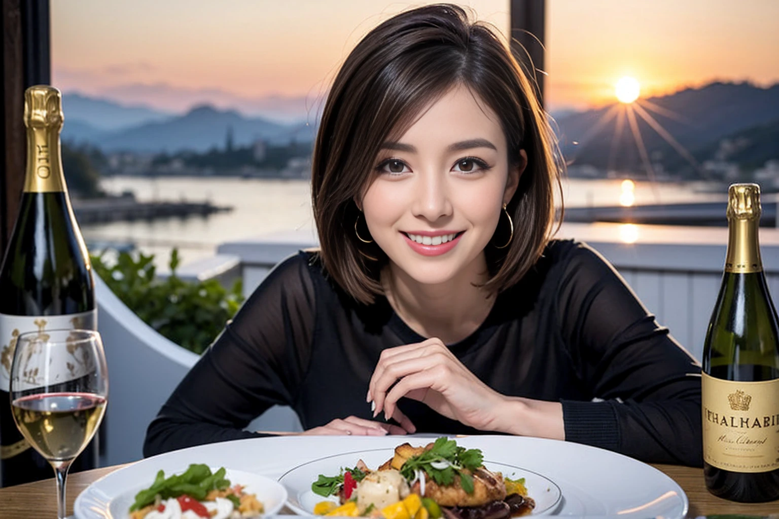 （Realistic:1.1）,(masterpiece,Highest quality)，8k,(56 years old), 53 years old, ベリーslimボディ、slimカップル、Tight waist,Upper Body,full-course dinner、wine 、Amazing view of the sunset sky and clouds、Perfect Anatomy, Brown Hair, short hair,Random Hairstyles,((Highly detailed face and eyes:1.2))，Perfect golden ratio face，Long sleeve shirt、dress,(smile:1.2)、Shortcuts、cute、(Realistic, Intricate details:1.2), A bright smile、short hair,Bright Face、赤wine 、Appetizers、Italian food、wine bottle、Champagne、スパークリングwine、(slimな顔), (The body is slim), (Brown Hair), (Shortcuts),  Upper Body, 白wine, slim, wineグラス, 
