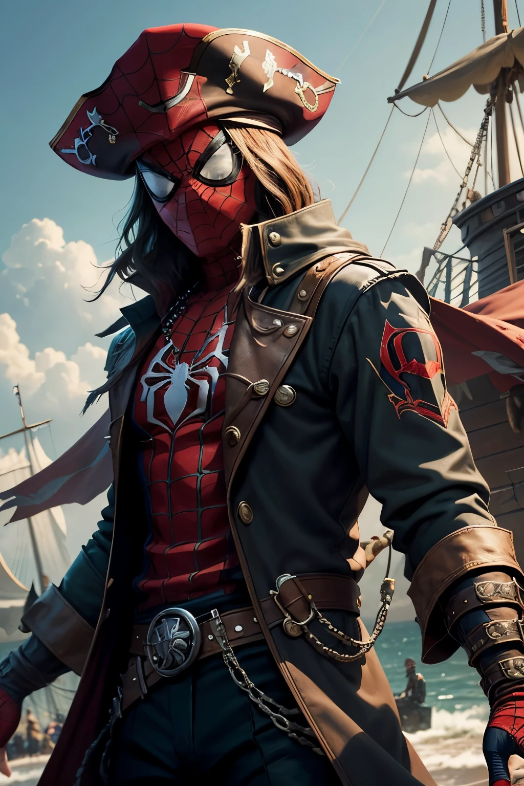 Spider-Man is dressed in Jack Sparrow's attire but still wearing his iconic Spider-Man mask. The mask covers his face, with its web patterns and eyes visible through the pirate hat. He’s wearing the pirate coat over his Spider-Man suit, with the coat open to reveal the suit underneath. The pirate boots and the wig with beads are fully integrated into the outfit. He strikes a dramatic pose, with one hand on the hat and the other hand extended in a pointing gesture, capturing the humor of Spider-Man dressed as a pirate while still maintaining his superhero identity.
