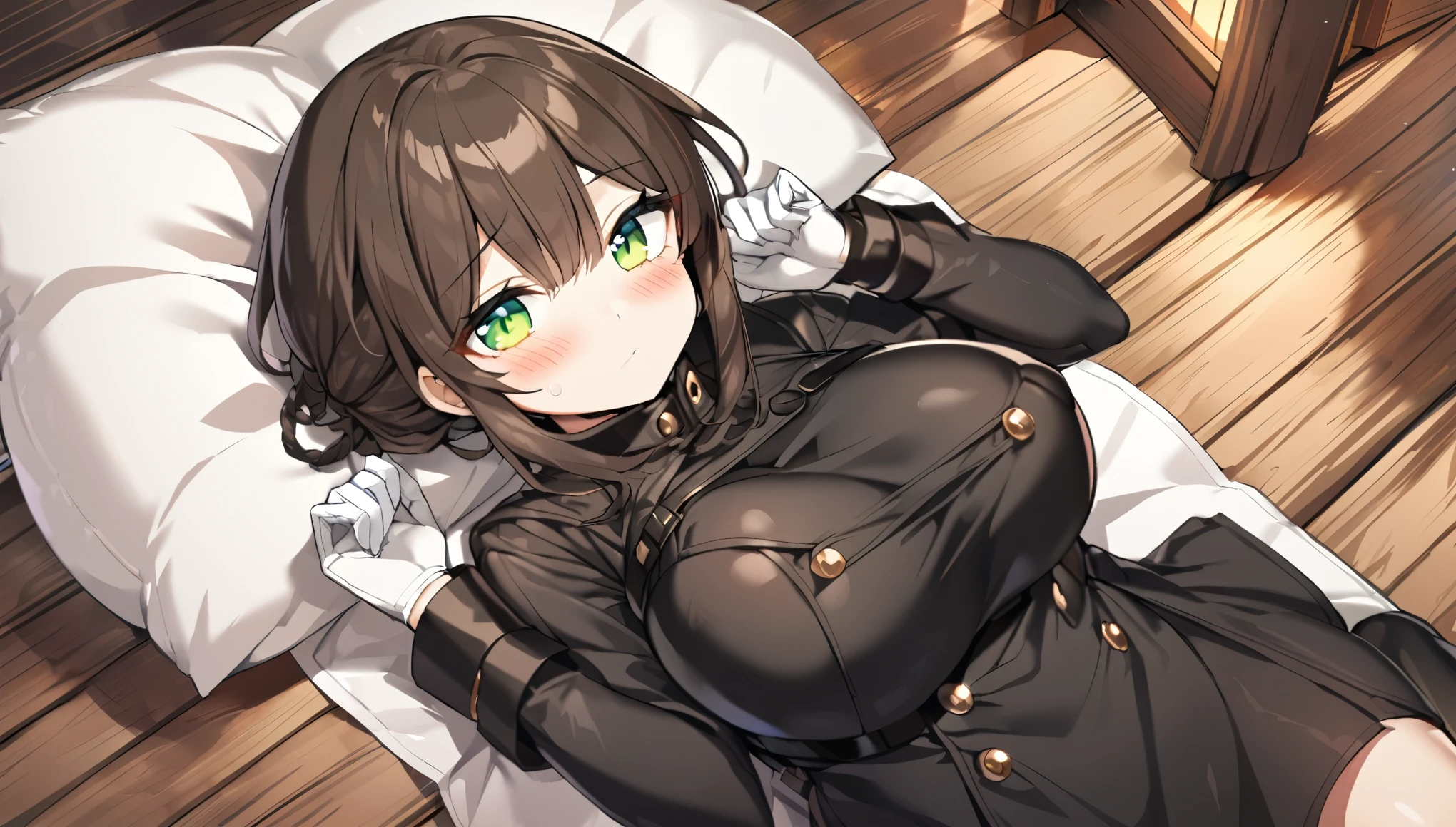 1 girl, big breasts, clear skin, green eyes, short brown hair, blush on the cheeks, black winter clothes, white gloves, sensual lying pose, view from above, background of a wooden cabin