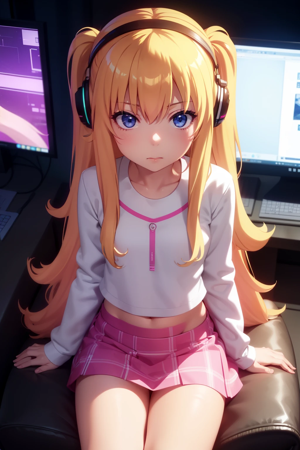 ultra realistic, girl, long blonde hair, headphones, sitting, slumped in an armchair, in a futuristic cabin, surrounded by monitors, and olographic screens , view from above, pink lights , flat chest, pre-adolescent. She looks with smug , mini-skirt , visible panties. open legs