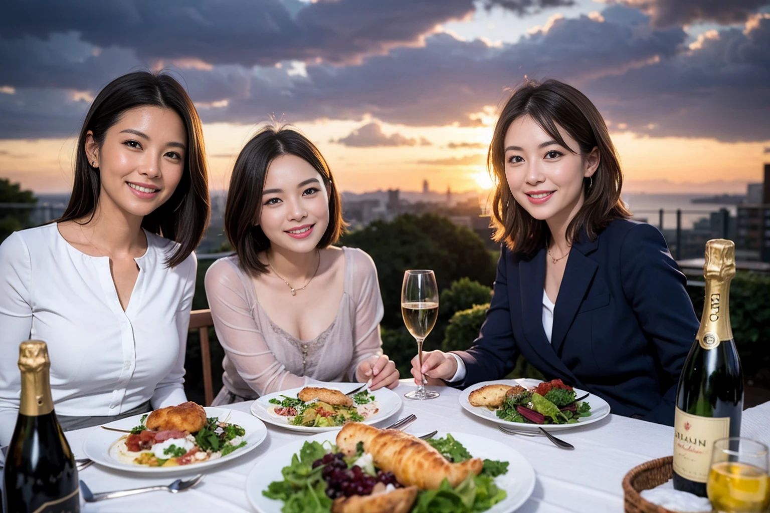 ((Highest quality、8k、masterpiece:1.3))、Slim Couple、Model Couple、(Realistic, Intricate details:1.2), full-course dinner、wine 、Amazing view of the sunset sky and clouds、A bright smile、The wonderfulness of smiles、Bright image、wineの美しさ, Beautiful Face, blue eyes, The light shines on your face, blush, short hair,Bright Face、 (Age 36), 39 years old, 赤wine 、Appetizers、Italian food、wine bottle、Champagne、スパークリングwine、Two beauties、Brown Hair、Shortcuts、Long sleeve shirt、dress、Two beautiful women