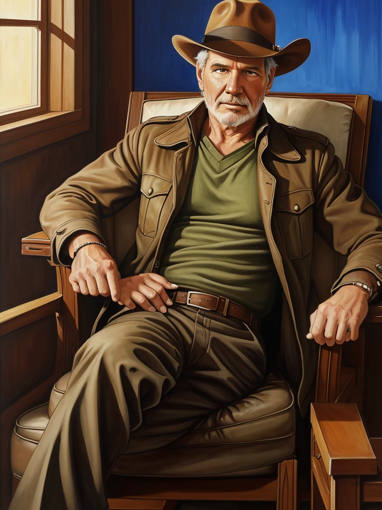 Painting of a man in a hat and jacket sitting in a chair, inspirado por Drew Struzan, arte estilo drew struzan, Indiana Jones, drew struzan inspiration, Artwork by Drew Struzan, Martin then, Retrato da obra, Directed by: Drew Struzan, harrison ford, Indiana Jones, Drew Struzan. epics, inspirado em William Mossman, inspirado em James Gurney