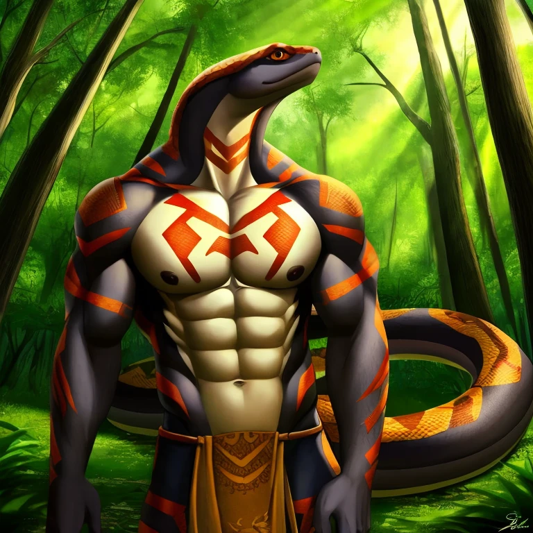 Masterpiece, best quality, high quality, One Anthropomorphic Snake, Solo, fit body, tribal markings, King Python, has Orange eyes, good colors, patterns, flawless skin, muscular physique, in the Forest Tree, Forest, sunny day