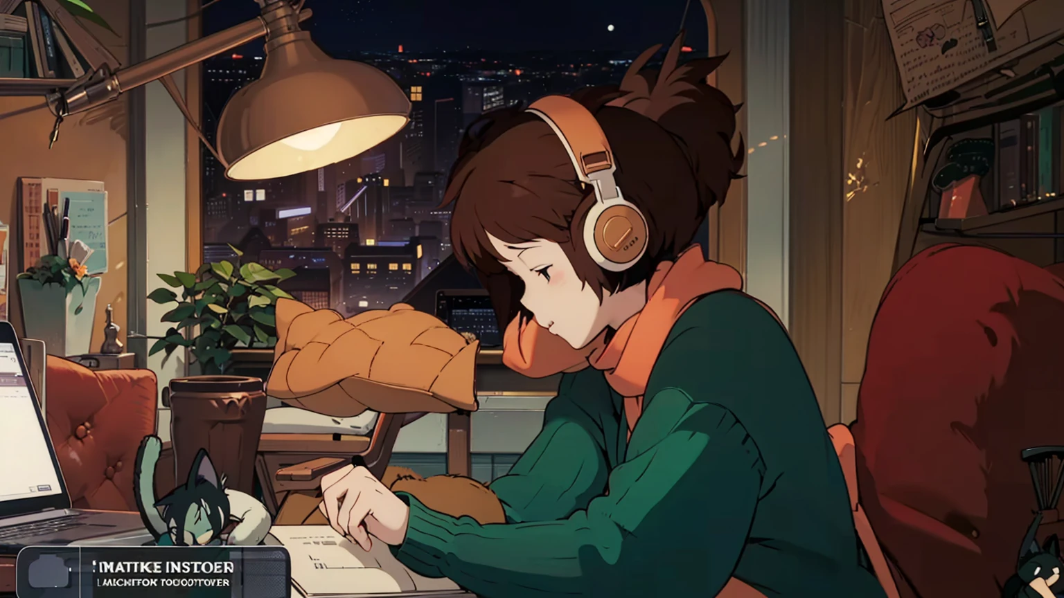 A detailed illustration of a brown-haired young woman wearing "LOFI" brand headphones, sitting at a wooden desk and writing in a notebook. She is wearing a green sweater and a red scarf. The setting is a cozy, dimly lit room at night with a city view from the window. There are various items on the desk, including a potted plant, a pencil holder, scissors and a laptop with a web page open. An orange cat is sleeping behind the potted plant. The room also has other decorations, such as a shelf filled with books, a lamp, small toys and photos. The overall atmosphere is peaceful and studious. An anime-style illustration of a woman wearing a laptop studying at her desk. A night cityscape can be seen in the background, and a row of potted plants and stationery on the desk. We can also see a cat sleeping behind her.