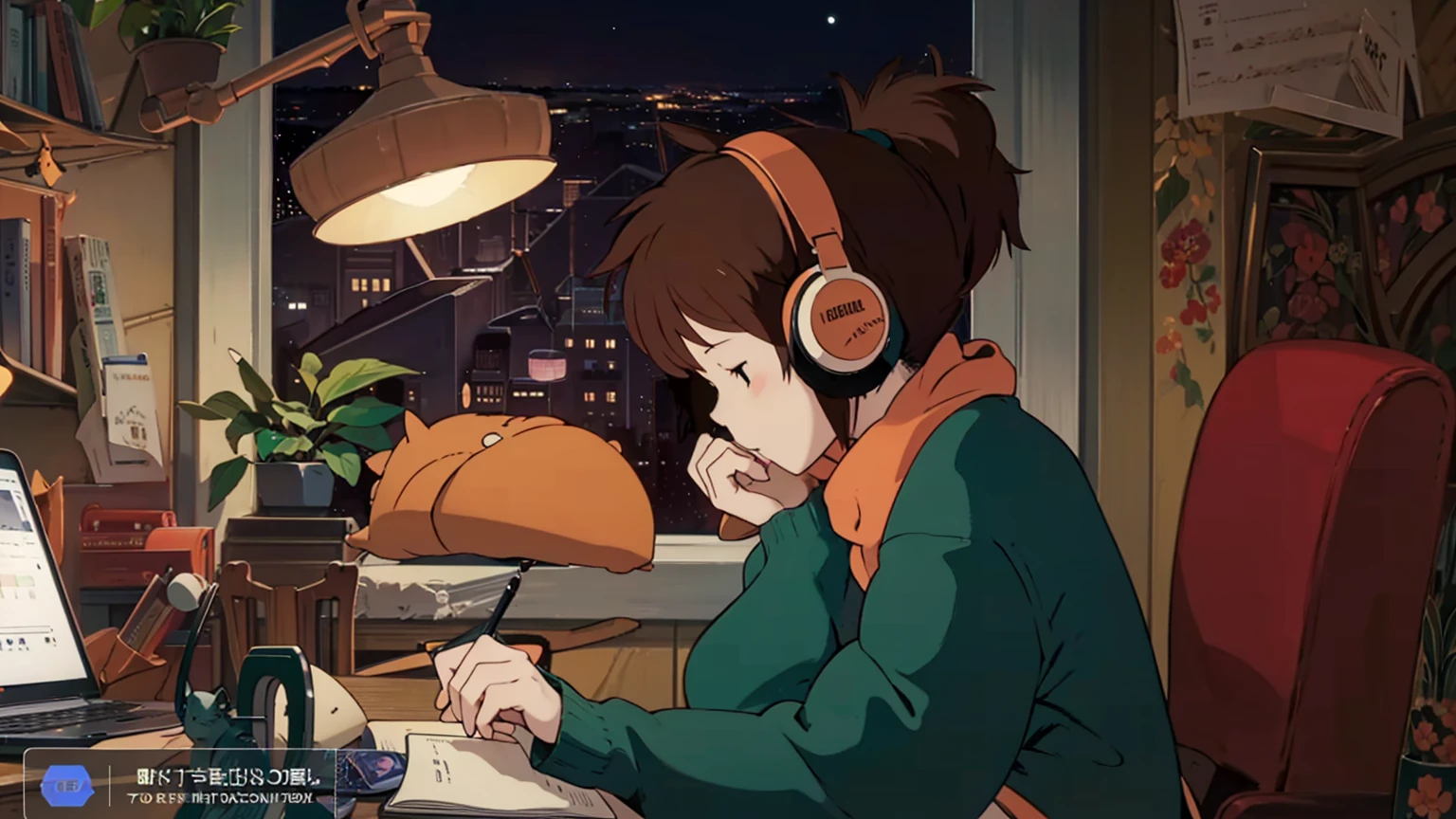 A detailed illustration of a brown-haired young woman wearing "LOFI" brand headphones, sitting at a wooden desk and writing in a notebook. She is wearing a green sweater and a red scarf. The setting is a cozy, dimly lit room at night with a city view from the window. There are various items on the desk, including a potted plant, a pencil holder, scissors and a laptop with a web page open. An orange cat is sleeping behind the potted plant. The room also has other decorations, such as a shelf filled with books, a lamp, small toys and photos. The overall atmosphere is peaceful and studious. An anime-style illustration of a woman wearing a laptop studying at her desk. A night cityscape can be seen in the background, and a row of potted plants and stationery on the desk. We can also see a cat sleeping behind her.