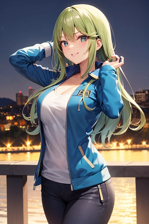 short blue jacket with open zipper, dark t-shirt, dark tight pants, city landscape, serene, cute, posing with a confident smile, Mythra hikari