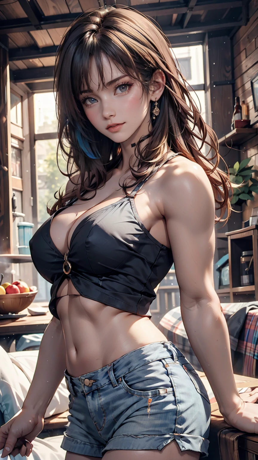 Bare shoulders and ample breasts、Narrow waist、Shoulder Tops、Low-rise miniskirt、Cowboy Shot、Rainbow Hair、Colorful clothes、24-year-old woman