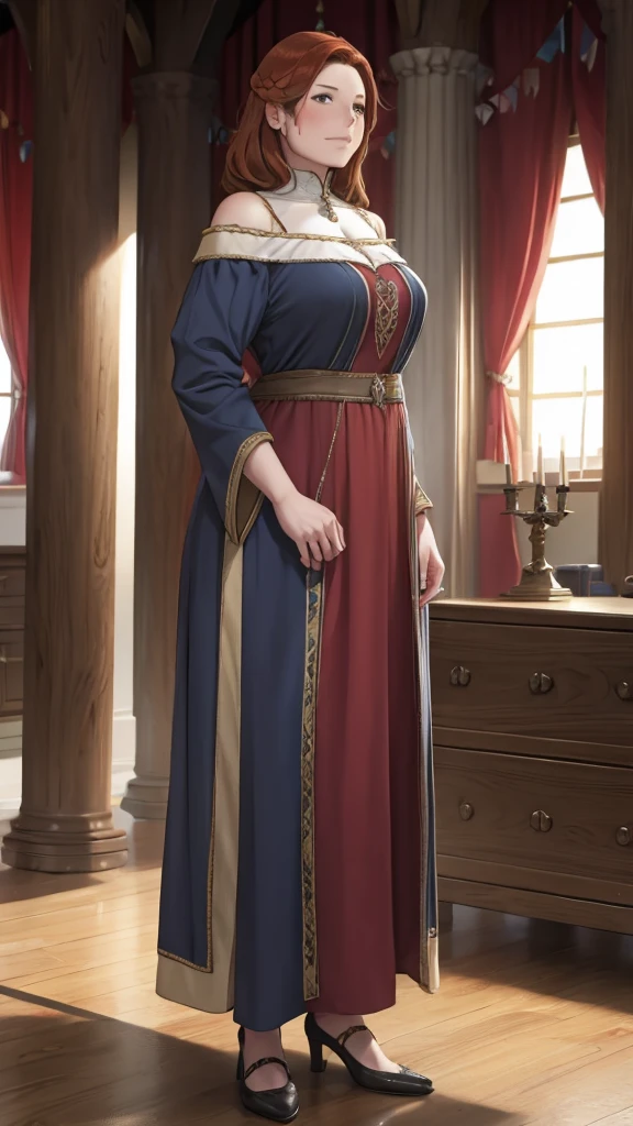 Adult woman, peasant dress, medieval fantasy, standing, looking straight ahead