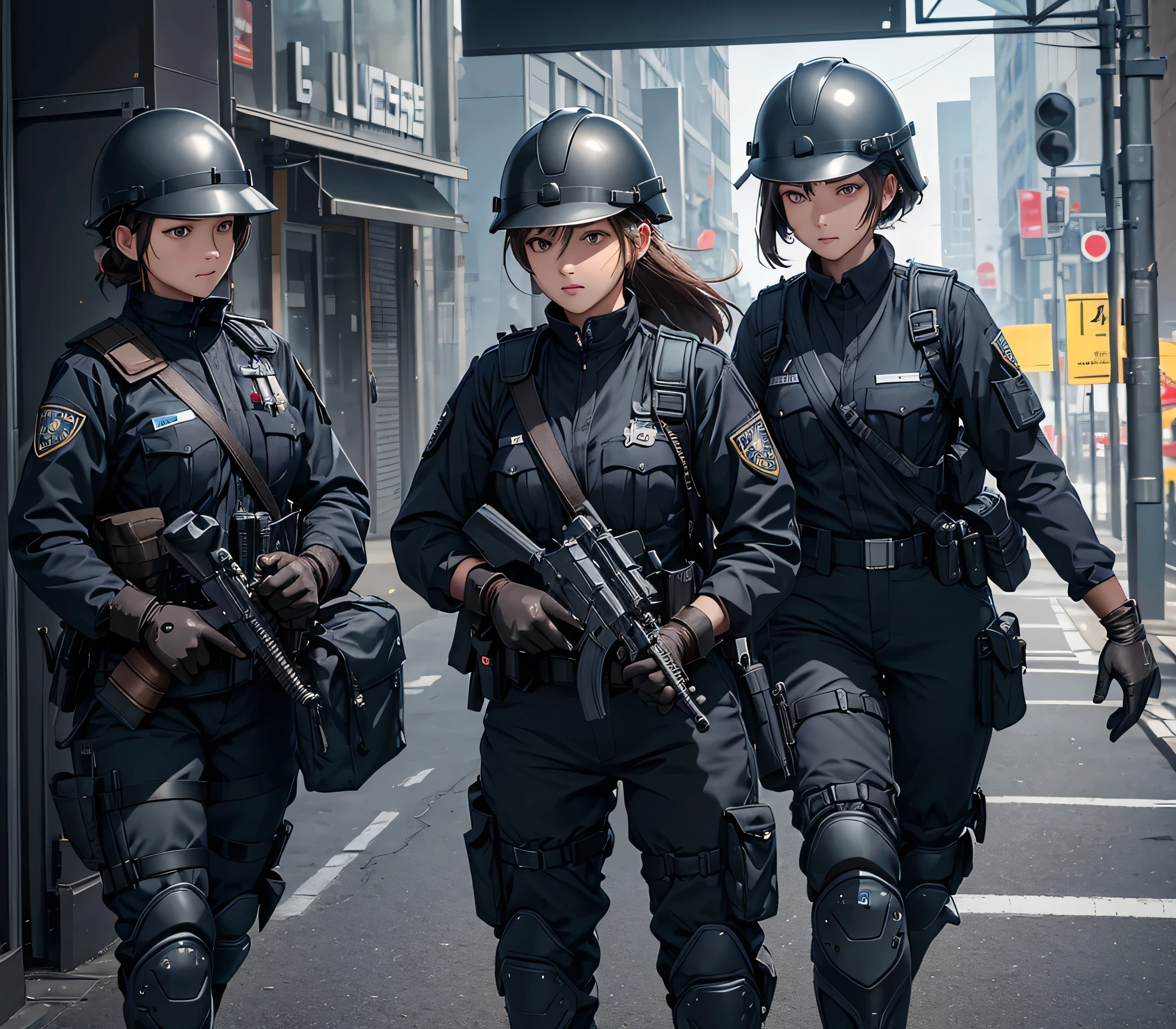 A group of policewomen wearing dark brown、Wear a steel helmet、Gloves、Magazine Pouch、Tactical shoulder strap、Knee pads、Write details、masterpiece、best quality、Highly detailed CG、8K picture quality