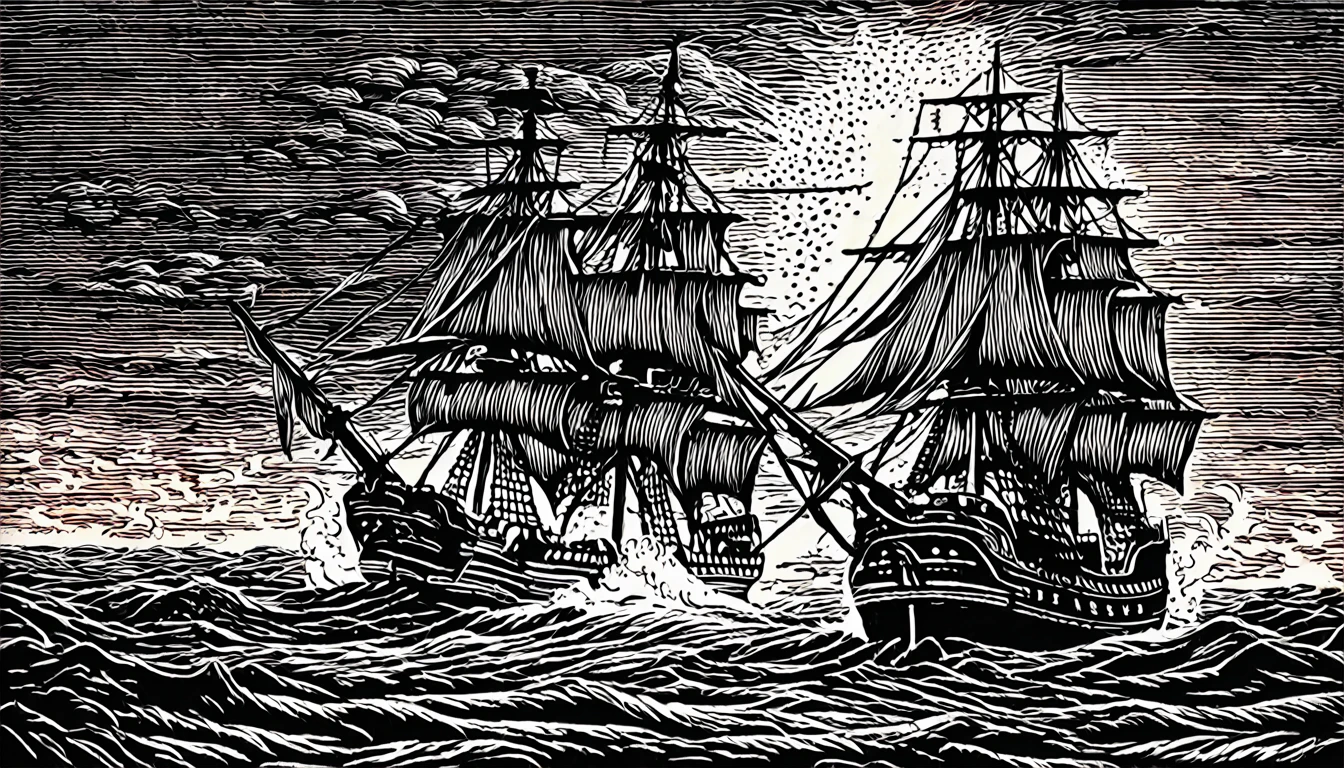 (Black and white woodblock prints:1.5)、(Black and white orange３Floor)、Medieval European Fantasy、Pirate ship vs navy battleship battle、The background is a burning ship and a corpse、Full shot portrait of a female pirate captain、Dark Shadows、A profound presence、Gruesome Background、Ominous clouds、（Highest quality、Realistic）、Mysterious and eerie、