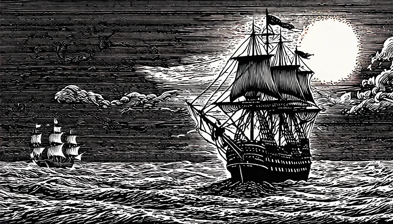 (Black and white woodblock prints:1.5)、(Black and white orange３Floor)、Medieval European Fantasy、Pirate ship vs navy battleship battle、The background is a burning ship and a corpse、Full shot portrait of a female pirate captain、Dark Shadows、A profound presence、Gruesome Background、Ominous clouds、（Highest quality、Realistic）、Mysterious and eerie、