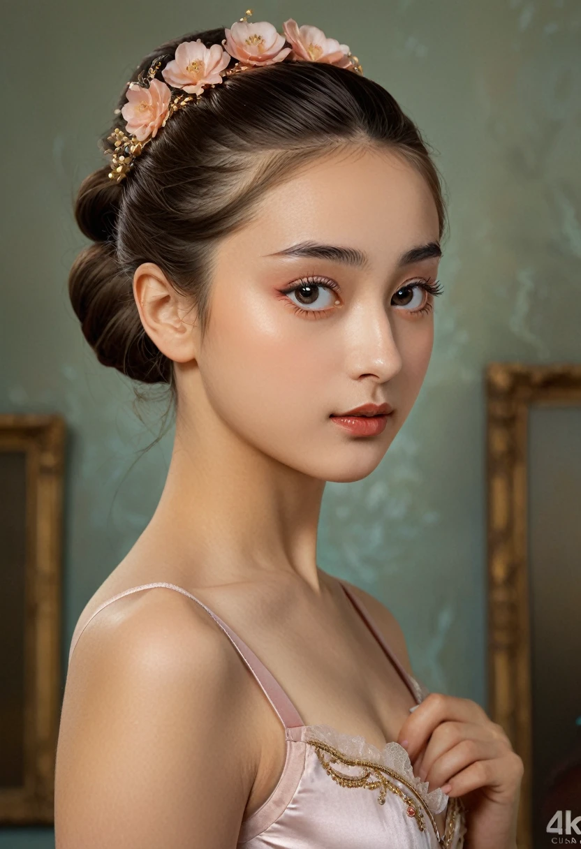(highres,masterpiece:1.2),(realistic:1.37)"(best quality, highres, ultra-detailed, realistic),beautiful 19th-century portrait of a 16-year-old French ballet dancer, (She is half French and half Japanese, and is a stunning beauty with detailed eyes and a high nose:1.1), thick eyebrows, (elaborate ballet costume:1.4), detailed facial features, long graceful neck, flowing locks of hair, poised and elegant posture, soft and delicate lighting, classic oil painting medium, vibrant colors, subtle background with floral motifs", dreamy atmosphere, Surrealism,mystical aura, Charlie Bowater, 19th-century France, seductive, (best quality,4k,8k,highres,masterpiece:1.2), ultra-detailed, (realistic,photorealistic,photo-realistic:1.37),(Numerous award-winning masterpieces, incredibly detailed and textured, maximal resolution and clarity), (Hyper-realistic:1.4), sexy look