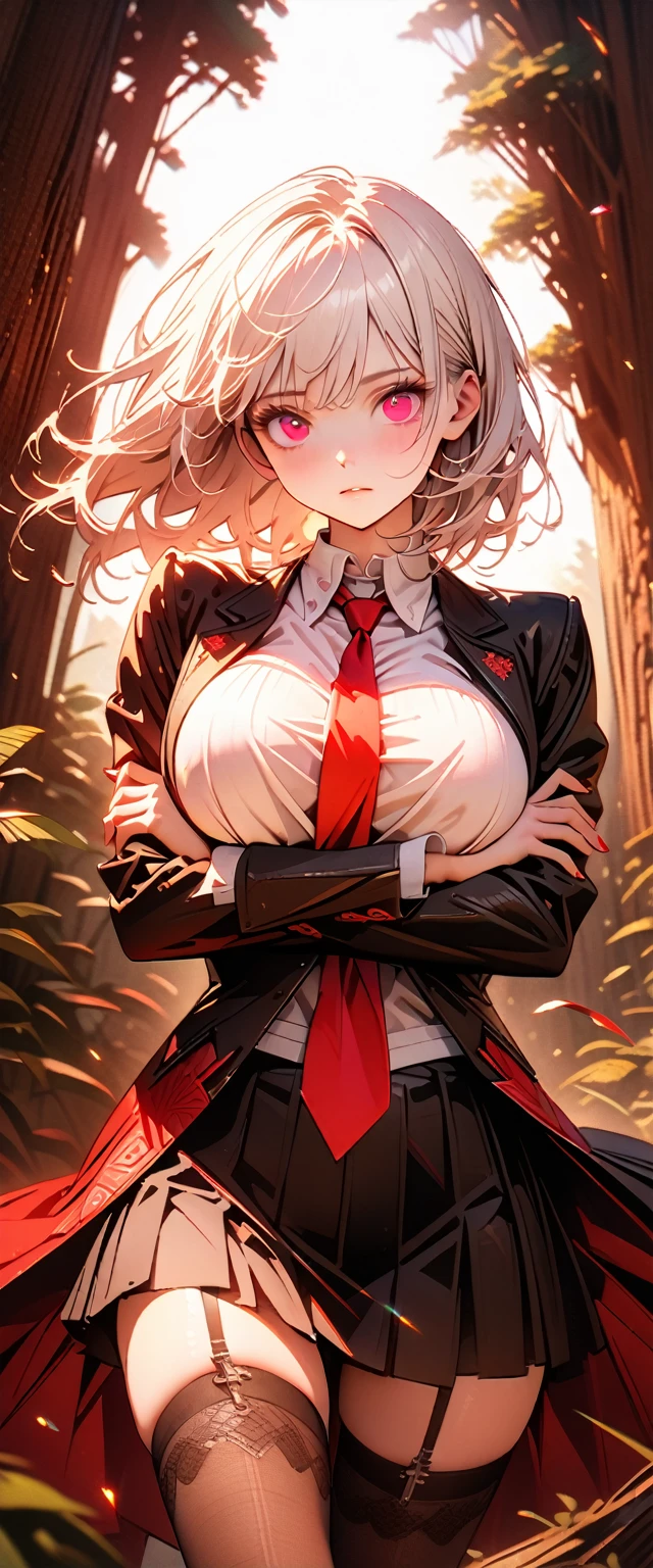 1women,(White hair),(White eyelashes),(Red eyes),( wears a white shirt),(Black jacket),(Big breasts),(Red tie),(Black tight skirt),(Sexy women's stockings),(Expressionless face),(full body-show),(cross arms),(masterpiece:1.5), (8k details:1.3), (unlimited details:1.2), (best eyes:1.4), (ultra clothes details:1.3), (highly detailed background), (vibrant colors), (dynamic lighting), (realistic skin texture), (intricate patterns), (sharp focus), (full-body view), (natural poses), (expressive emotions), (cinematic composition),(Forest background)