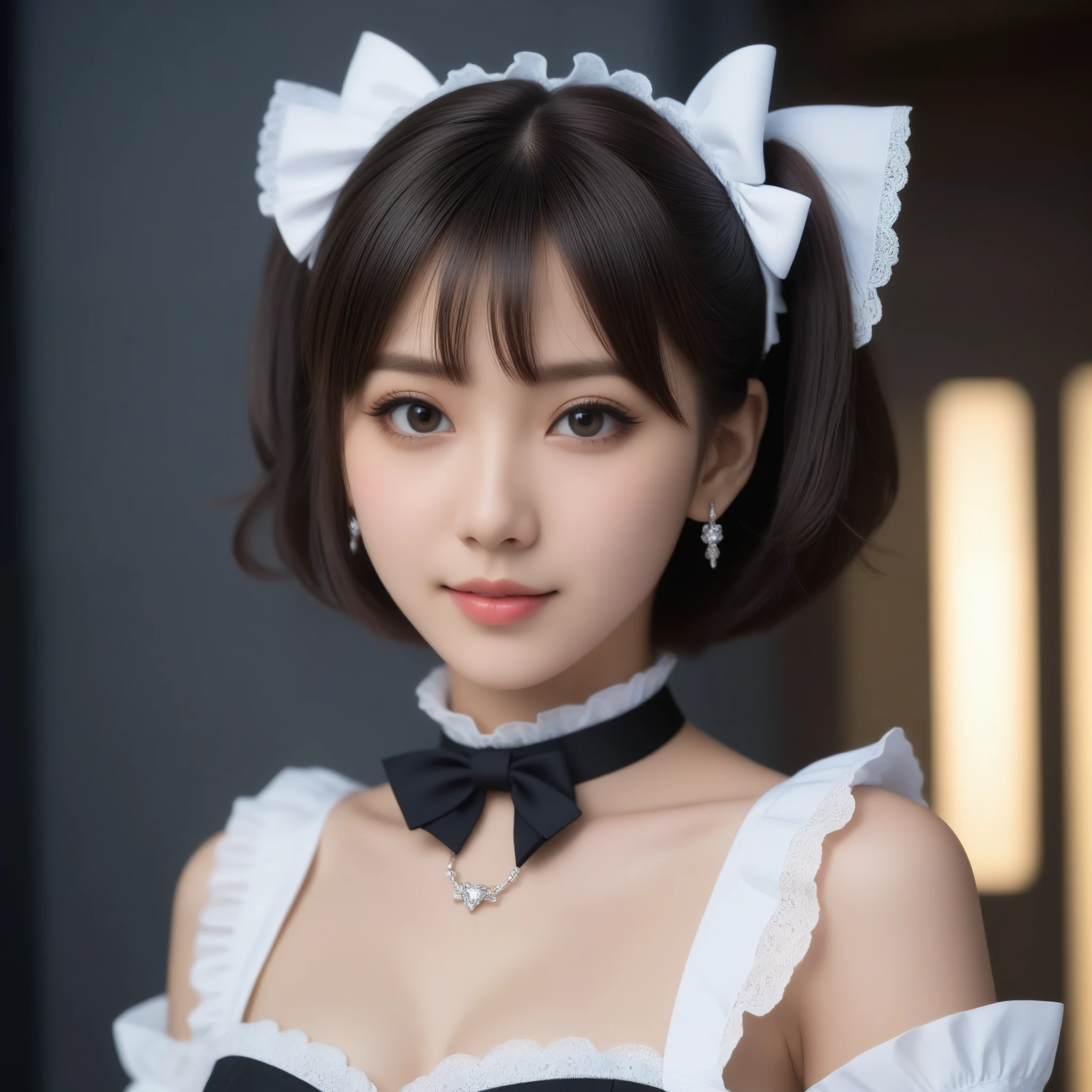 8k, Ultra-high resolution, Highest quality, masterpiece, 三分割法によるphotograph,Surreal, photograph, 1 Girl, (:1.3), pretty girl, Cute Face, Beautiful eyes in every detail, 細かくdetailedに,masterpiece,One Girl:1.2,Japanese female announcer,extream close up,grin,Black short hair,Short ponytail,Maid Android,((Fusion of Gothic Lolita and La fashion:1,bracelet, chest, choker, clavicle, Earrings,Futuristic cityscape ,Perfect and beautiful face ,完璧でCute Face, Skin with attention to detail, Perfect limbs、Narrow waist,Looking at the audience,(((Ideal body type))),Aカップの小さなchest :2,Portraiture:2,Perfect Anatomy,鮮明なdetailed,detailed,Surreal,Light and shadow,spotlight