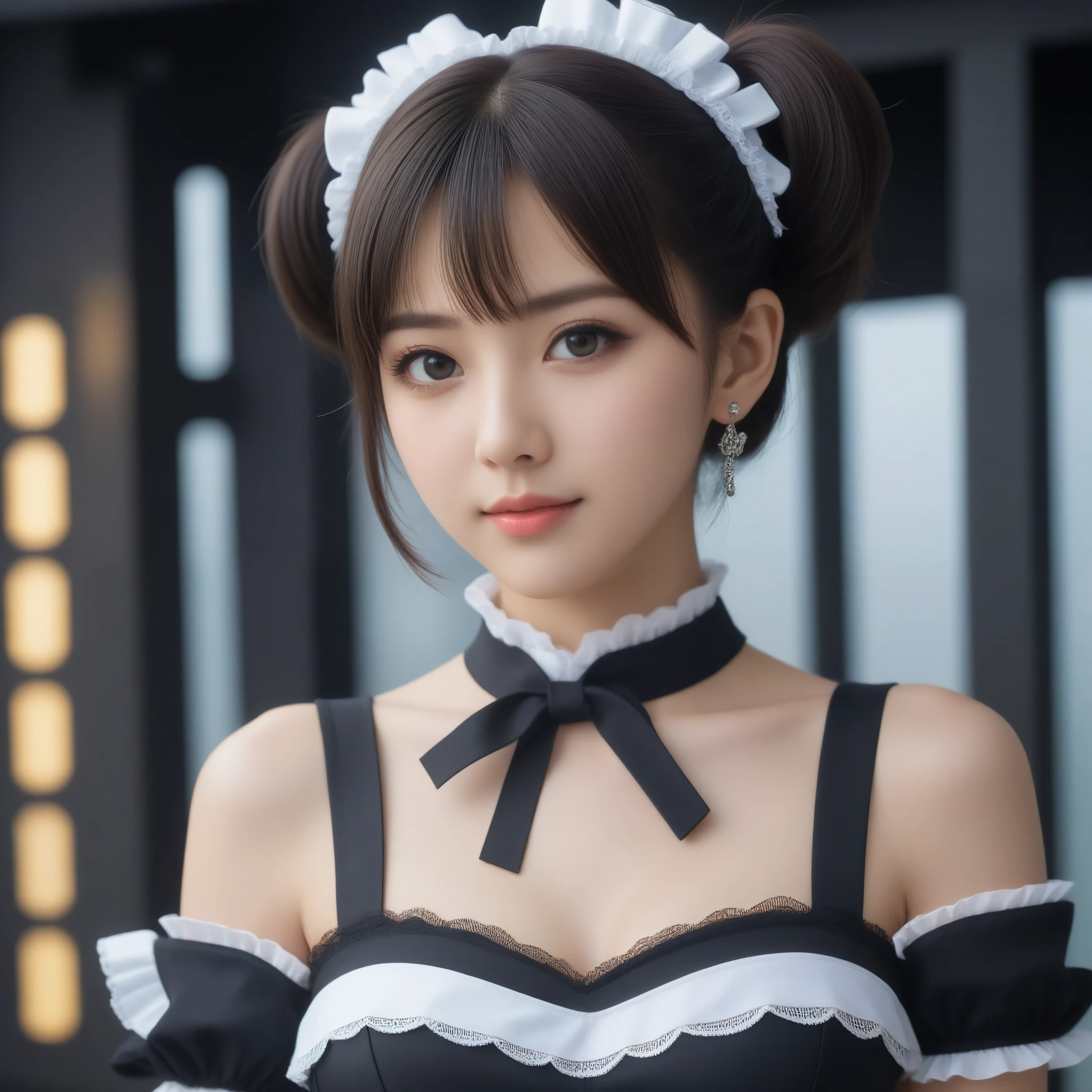 8k, Ultra-high resolution, Highest quality, masterpiece, 三分割法によるphotograph,Surreal, photograph, 1 Girl, (:1.3), pretty girl, Cute Face, Beautiful eyes in every detail, 細かくdetailedに,masterpiece,One Girl:1.2,Japanese female announcer,extream close up,grin,Black short hair,Short ponytail,Maid Android,((Fusion of Gothic Lolita and La fashion:1,bracelet, chest, choker, clavicle, Earrings,Futuristic cityscape ,Perfect and beautiful face ,完璧でCute Face, Skin with attention to detail, Perfect limbs、Narrow waist,Looking at the audience,(((Ideal body type))),Aカップの小さなchest :2,Portraiture:2,Perfect Anatomy,鮮明なdetailed,detailed,Surreal,Light and shadow,spotlight