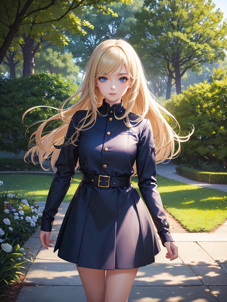 work of art, best qualityer, 1 girl, comely, Fine, dainty, extremely complex, detailded, hair blonde, jaket, blue colored eyes, ((work of art)), extremely detailded, best qualityer, high resolution, ((in a park)), Brigid, ssmile,