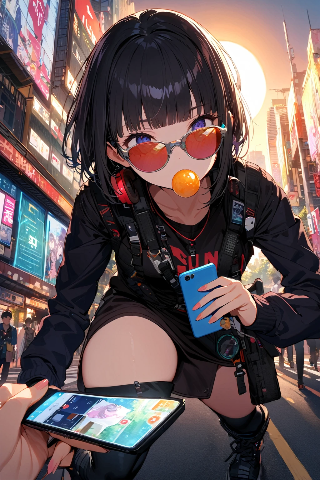 (extremely detailed fine touch:1.3), (((sun glasses:1.3))), (wear silver headphones around neck:0.8), short hair, blunt bangs, 1girl, solo, 2.5d face, full body, sucking lolipop, black tubetop, black cargopants, black boots, (handling_smart_phone, smart_phone:1.2), extremely detailed tokyo city street,