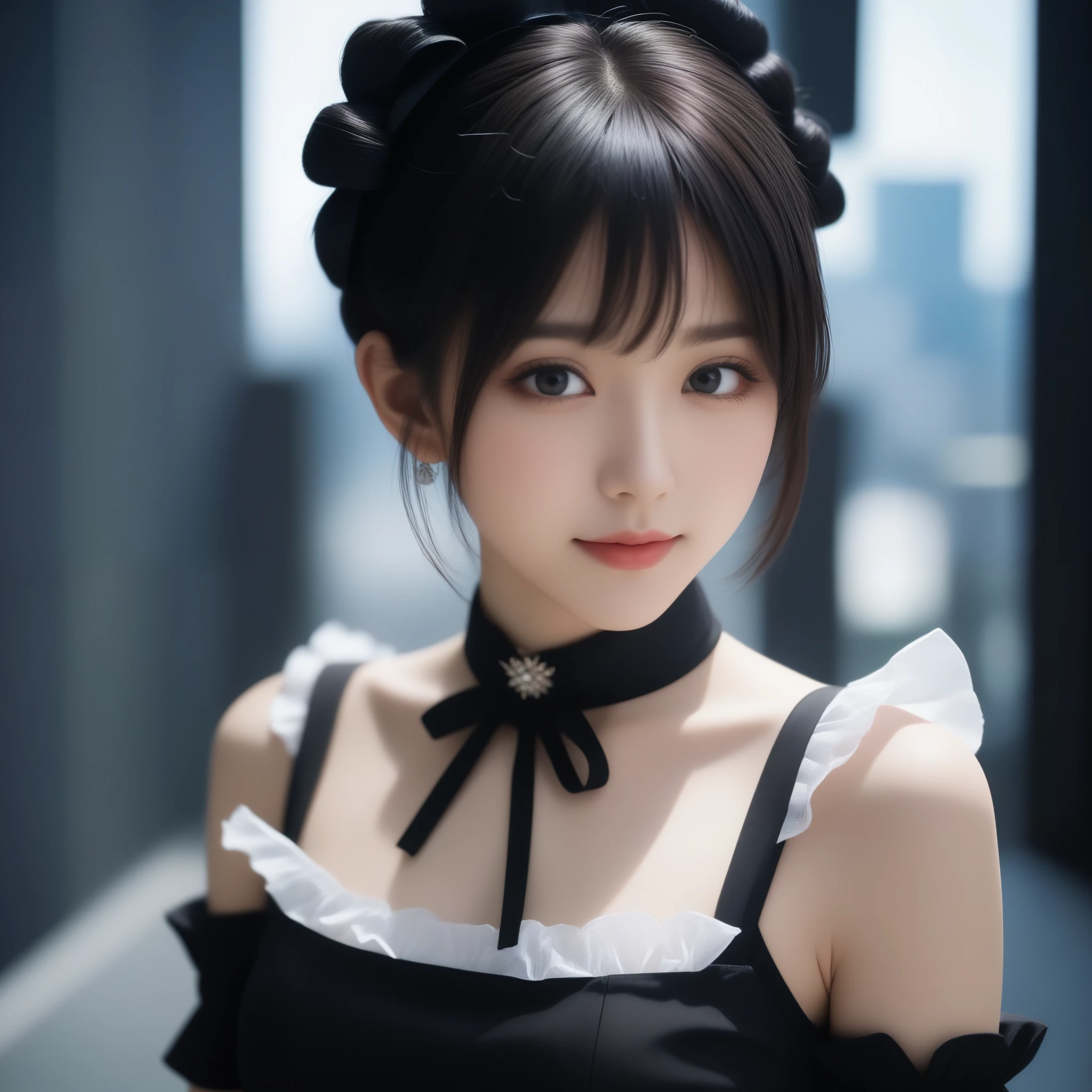 8k, Ultra-high resolution, Highest quality, masterpiece, 三分割法によるphotograph,Surreal, photograph, 1 Girl, (16 years old:1.3), pretty girl, Cute Face, Beautiful eyes in every detail, 細かくdetailedに,masterpiece,One Girl:1.2,Japanese female announcer,extream close up,grin,Black short hair,Short ponytail,Maid Android,((Fusion of Gothic Lolita and Lolita fashion:1.3)),bracelet, chest, choker, clavicle, Earrings,Futuristic cityscape ,Perfect and beautiful face ,完璧でCute Face, Skin with attention to detail, Perfect limbs、Narrow waist,Looking at the audience,(((Ideal body type))),Aカップの小さなchest :2,Portraiture:2,Perfect Anatomy,鮮明なdetailed,detailed,Surreal,Light and shadow,spotlight