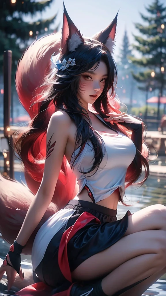 masterpiece,best quality, 1girl, solo, slight smile, slight smile, cherry, sunlight dapple, butterfly, grass animal ears,wolf ears,long hair, tail, wolf tail, red eyes, wolf girl,brown hair,, big breasts, sexy micro string lingerie