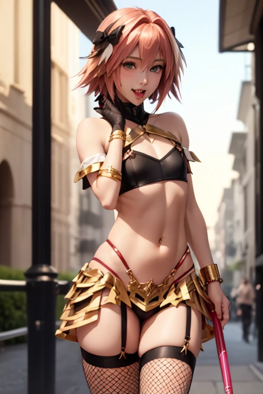 astolfo, Beautiful and slim perfect body, rasgos muy females, cuerpo female sexy muy delgado, flat chest, Pectorals, not breasts, very innocent smile, Girl, bright pink hair, spiky hair, short hair, a long braid, lock of white hair on left side, micro shorts, mini top, off shoulder top, long fishnet stockings, female, small lump peeking out, Eating an ice-cream, walking down the street, selfie, navel piercing, gothic choker, gold bracelets on arms