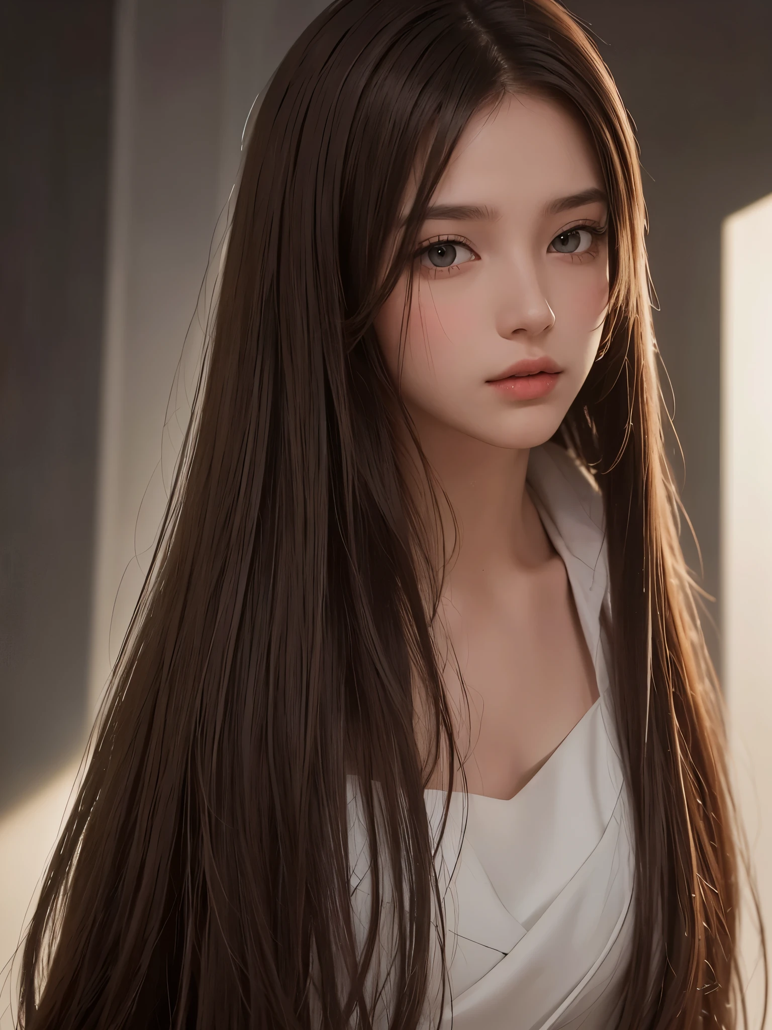 best qualtiy,tmasterpiece,A high resolution,Reality,RAW photogr,1girl,brunette color hair,Tall and tall,The background color is dark,There is a strong sense of contrast,The skin is tender and textured,cold light,With a shallow smile,With deep eyes