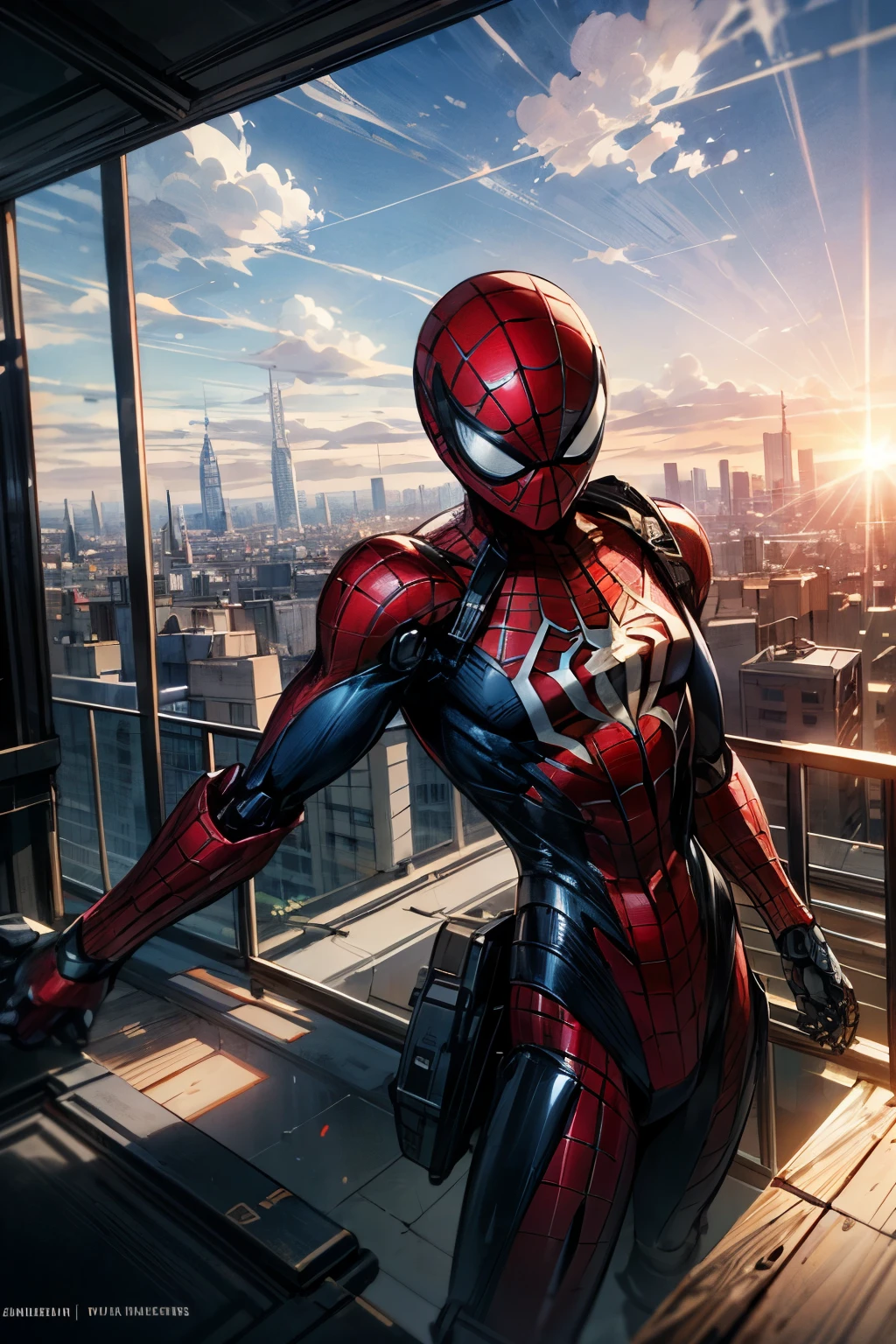 ((best quality)), ((masterpiece)), (detailed), robotic spiderman(full robot costum)wearing gas mask is floating in the city building from the outside 360° view at noon, sunset, the sky, clouds, galsses builing