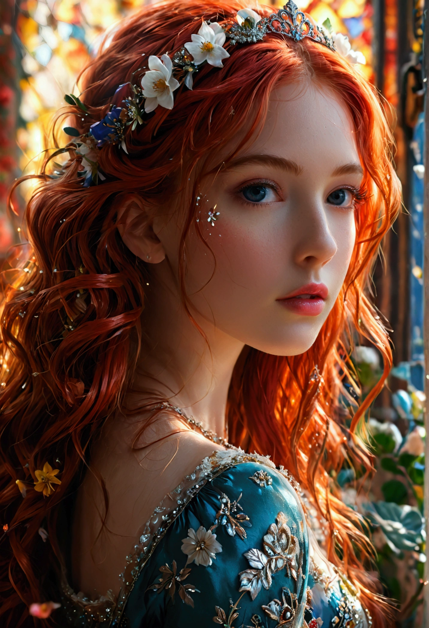 (((masterpiece))), best quality, illustration, 4K wallpaper, cinematic light, Absurdres, protrait of 1girl, long hair, red hair, glow hair, bloom hair, clothing princess, looking front