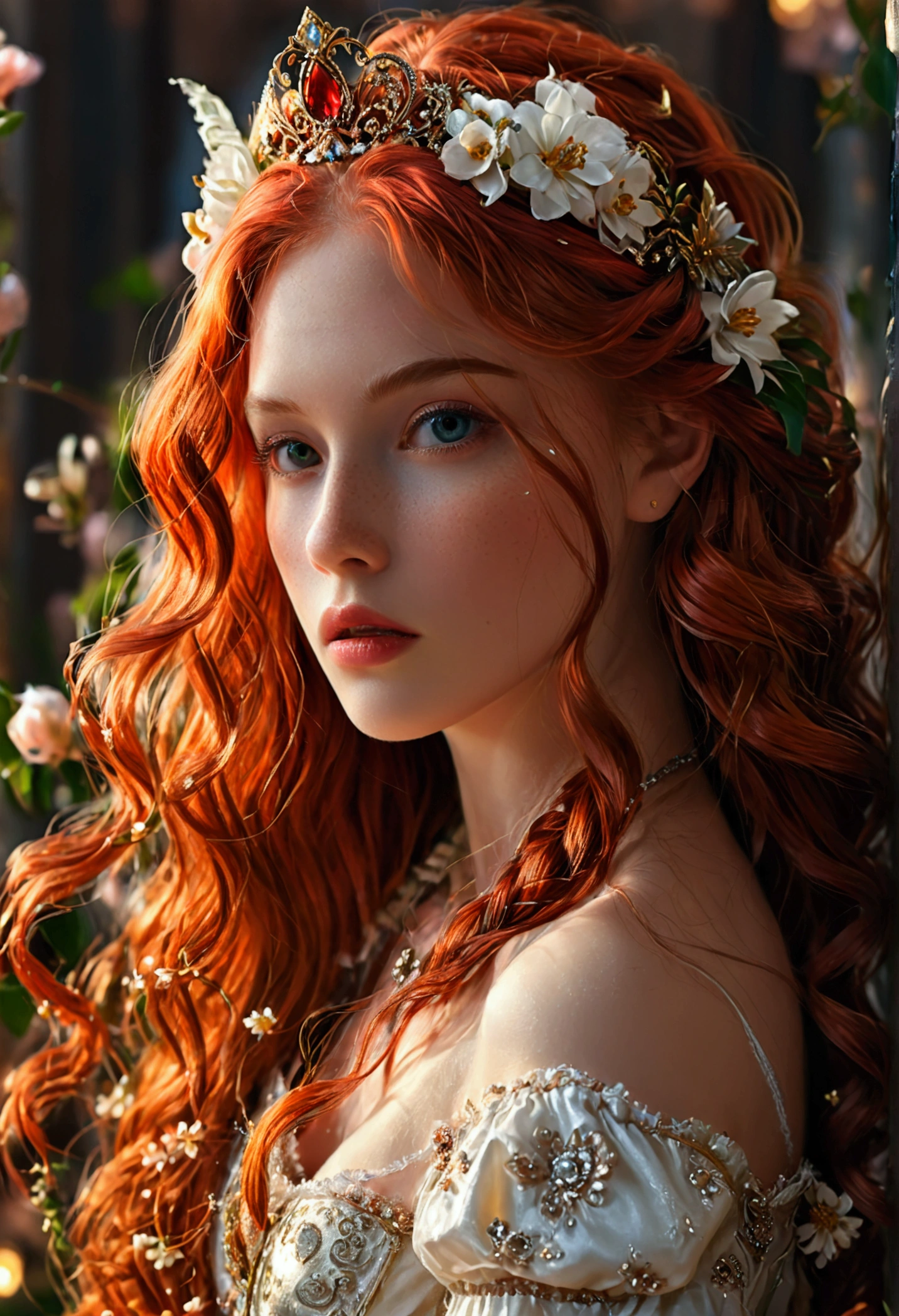 (((masterpiece))), best quality, illustration, 4K wallpaper, cinematic light, Absurdres, protrait of 1girl, long hair, red hair, glow hair, bloom hair, clothing princess, looking front