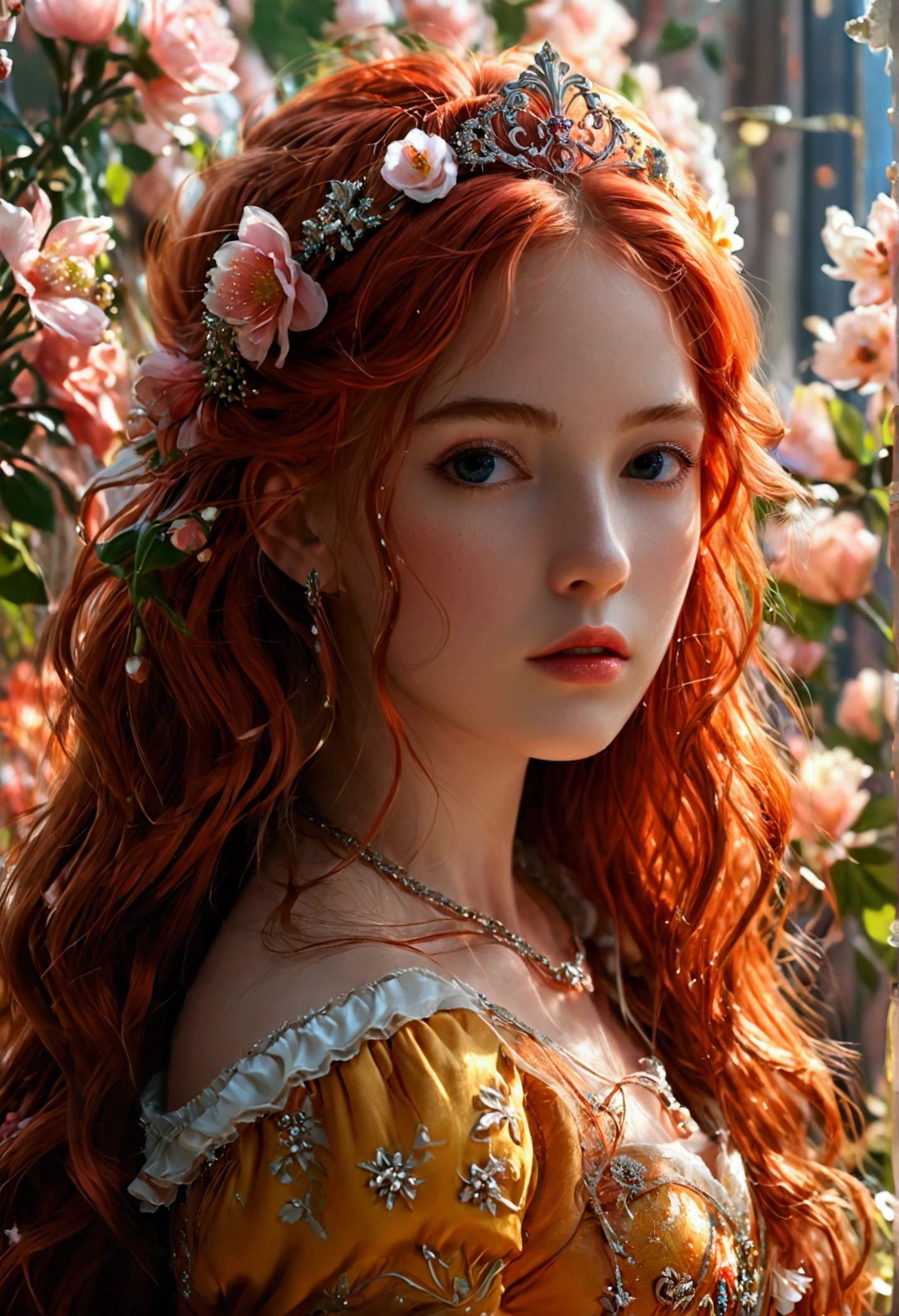 (((masterpiece))), best quality, illustration, 4K wallpaper, cinematic light, Absurdres, protrait of 1girl, long hair, red hair, glow hair, bloom hair, clothing princess, looking front
