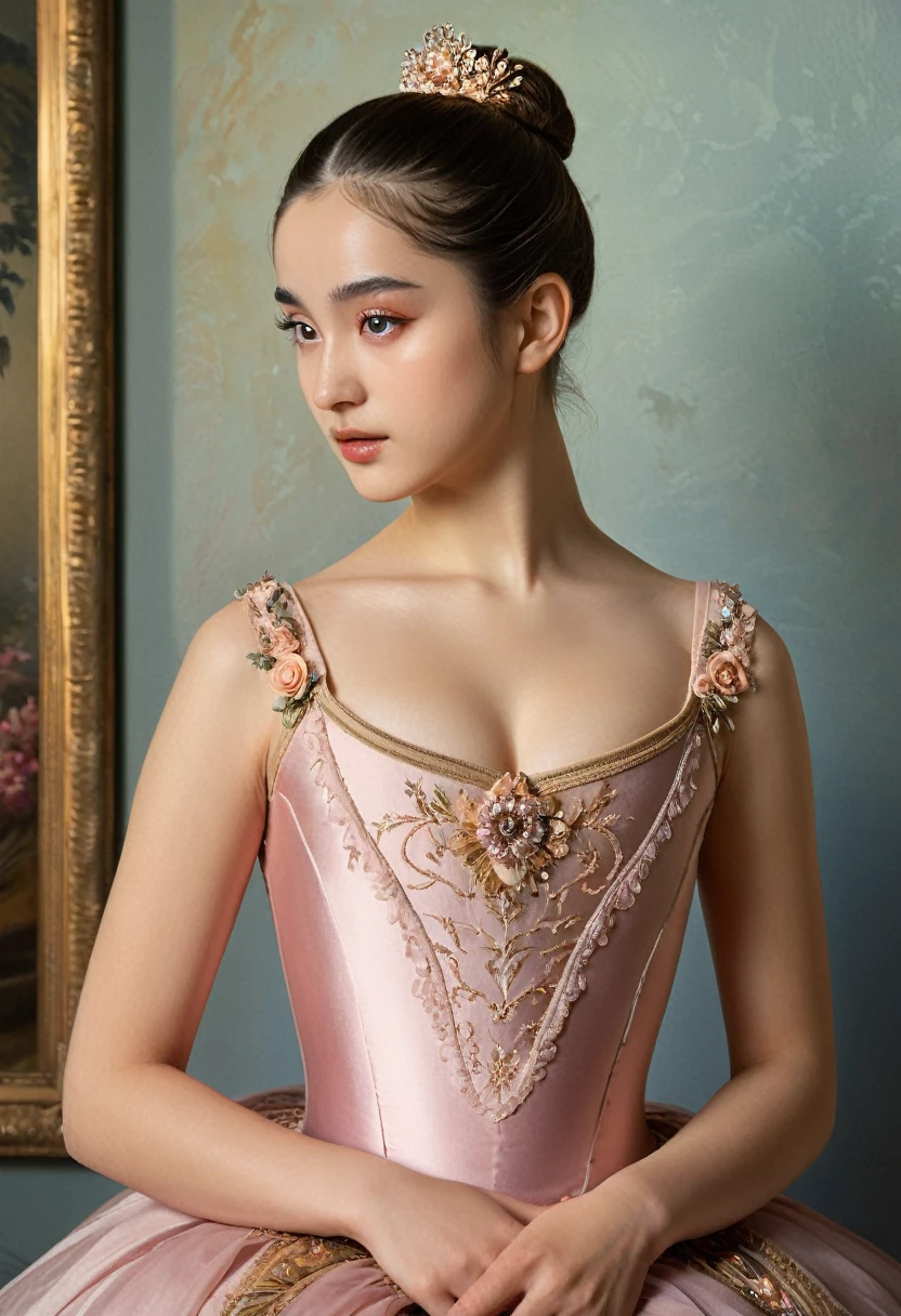(highres,masterpiece:1.2),(realistic:1.37)"(best quality, highres, ultra-detailed, realistic),beautiful 19th-century portrait of a 16-year-old French ballet dancer, (She is half French and half Japanese, and is a stunning beauty with detailed eyes and a high nose:1.1), thick eyebrows, (elaborate ballet costume:1.4), detailed facial features, long graceful neck, flowing locks of hair, poised and elegant posture, soft and delicate lighting, classic oil painting medium, vibrant colors, subtle background with floral motifs", dreamy atmosphere, Surrealism,mystical aura, Charlie Bowater, 19th-century France, seductive, (best quality,4k,8k,highres,masterpiece:1.2), ultra-detailed, (realistic,photorealistic,photo-realistic:1.37),(Numerous award-winning masterpieces, incredibly detailed and textured, maximal resolution and clarity), (Hyper-realistic:1.4), sexy look