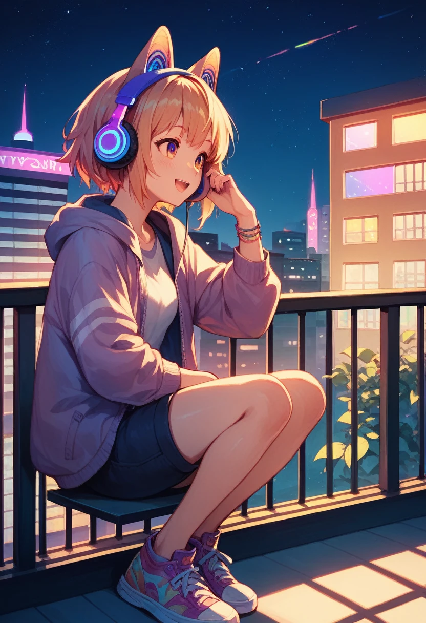 Girl sitting on balcony , Feel the view outside、look  , Focus on the night city  ,2D Game Art Styles ,Chinstill 50, Put headphones on your ears , Sing a song  , at night, Colorful animation skills, A dog is sitting next to a girl