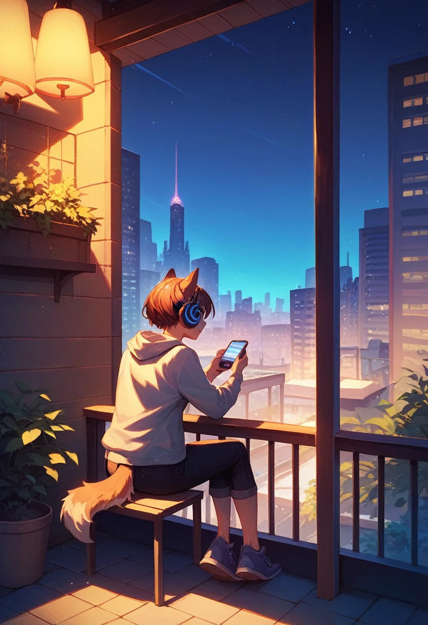 Girl sitting on balcony , Feel the view outside、look , Focus on the night city ,2D Game Art Styles ,Chinstill 50, Put headphones on your ears , Sing a song , at night, Colorful animation skills, A dog is sitting next to a girl