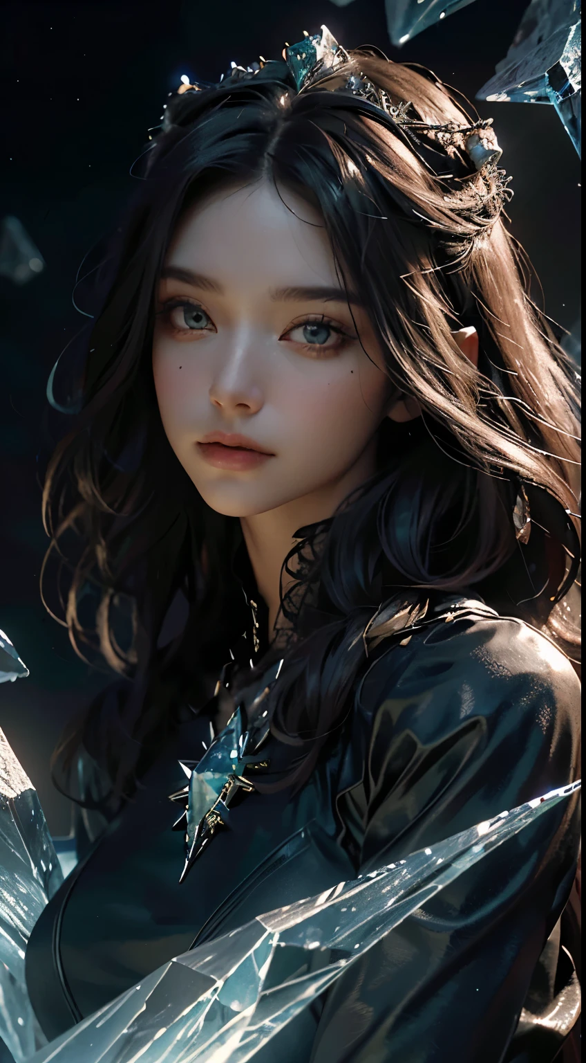 Highest image quality, Premium details, ultra-High accuracy, (realism: 1.4), Best explanation, Fit details, 1 girl is very intense, With a delicate and beautiful face, Micah wears black and green, He wears a mecha helmet, Holding the direction controller, riding a motorbike, The backlight is a high-tech lighting scene of the city of the future. (silly, High accuracy, Very detailed), 1woman, Mature female, Older, Long wavy hair, Russian poetry, Coral eyes, Explosions, long sleeves, Sensitive eyes and delicate face, خلفية CG Unity 8K Very detailed, Complex details, (style-swirlmagic:1.0), Looking at the viewer, Single, Upper body, Detailed background, close up, Detailed face, (Dark Ages Gothic theme:1.1), Crystal wizard, Dynamic pose, Earth themed clothing, Crystal crown, Floating in the air, Glowing magic shards, Surrounded by blue magic crystals, Rock formations, Stalactite, Magical floating particles, Crystal glass, Crystal balls, Crystal valley wallpaper, (Shallow water: 0.7), Epic ethereal atmosphere, Updraft, painting