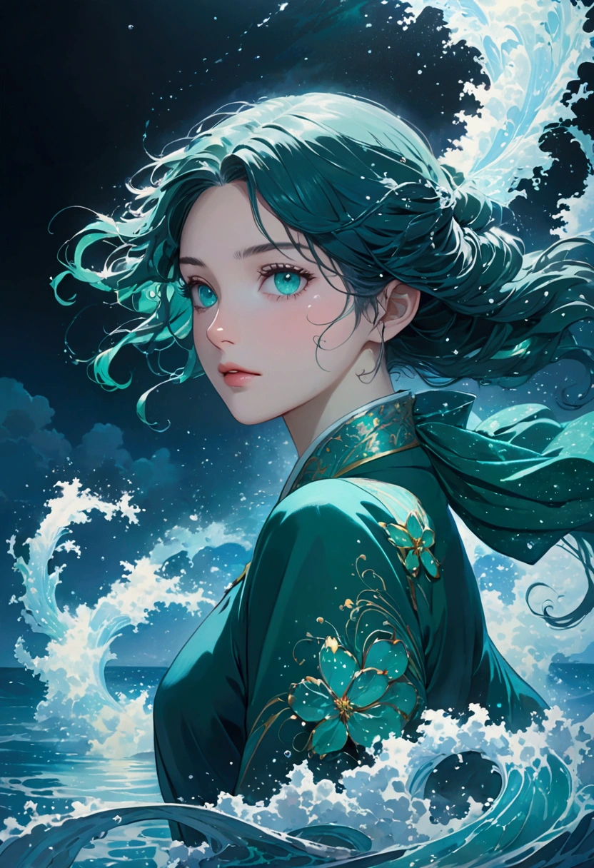 (masterpiece, Top quality, the best, Official Art, beautiful and aesthetic, Long-term contact:1.2), Fluid Movement, Charming pattern,
1 girl, Adult woman, freckle, Emerald Eye, Black wave head,
portrait, Solitary, Upper Body, Looking at the audience, Detailed background, Delicate face, (crystallized aluminum, water晶主题:1.1), elemental water wizard, swirling water, controlling the water, Clothes for fantasy magicians, Dynamic poses, Floating particles, Ethereal Dynamics, water, steam, Ocean in the background, Blue tint, support, Ethereal atmosphere,